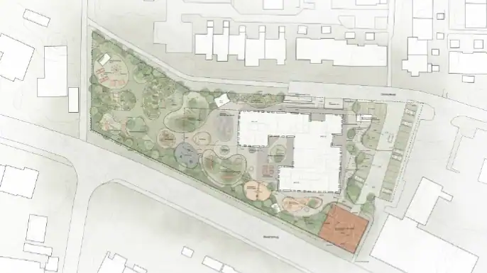 Oversigtsplan for El-Team Sjælland projekt med grønne områder og faciliteter.