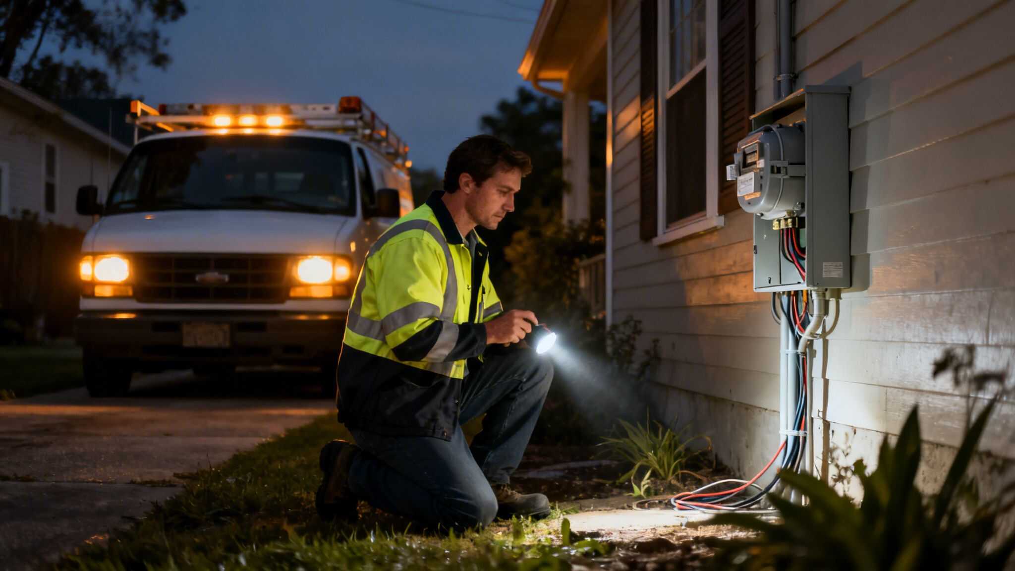 Autoriseret elektriker knæler om natten foran et hus, inspicerer elmåler og ledninger med lommelygte. Servicevogn i baggrunden.