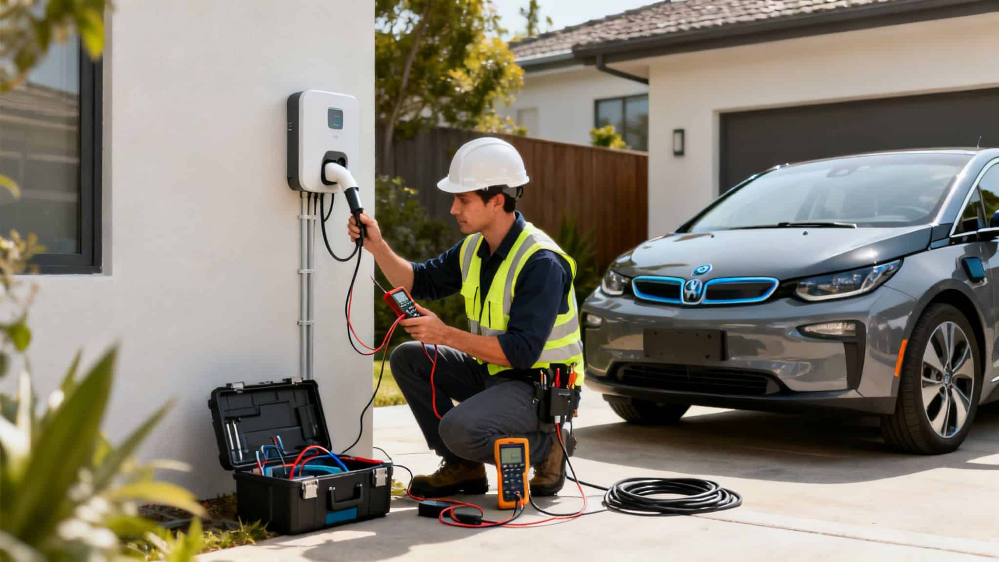 En elektriker i sikkerhedsudstyr tester en elbil-ladestation på en husmur med en elbil parkeret foran.