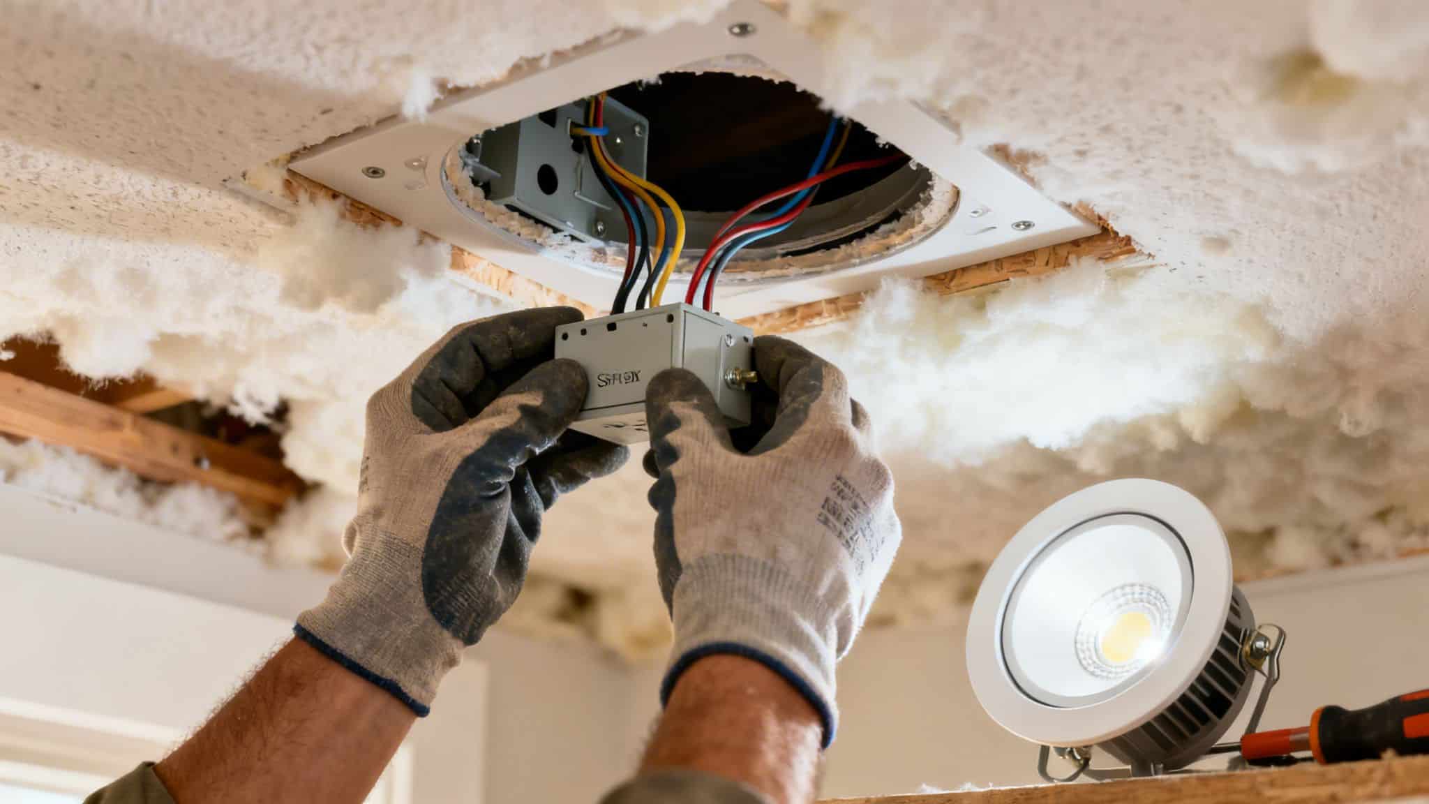 Hænder i handsker installerer elektriske kabler til en indbygget spot i loftet med isolering.