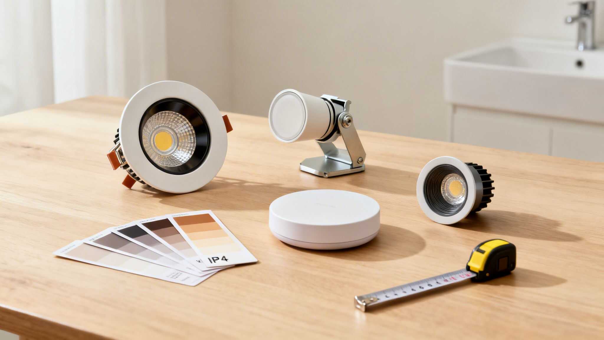 Forskellige loftspots og en spotlampe præsenteret med farveprøver og målebånd på et træbord.