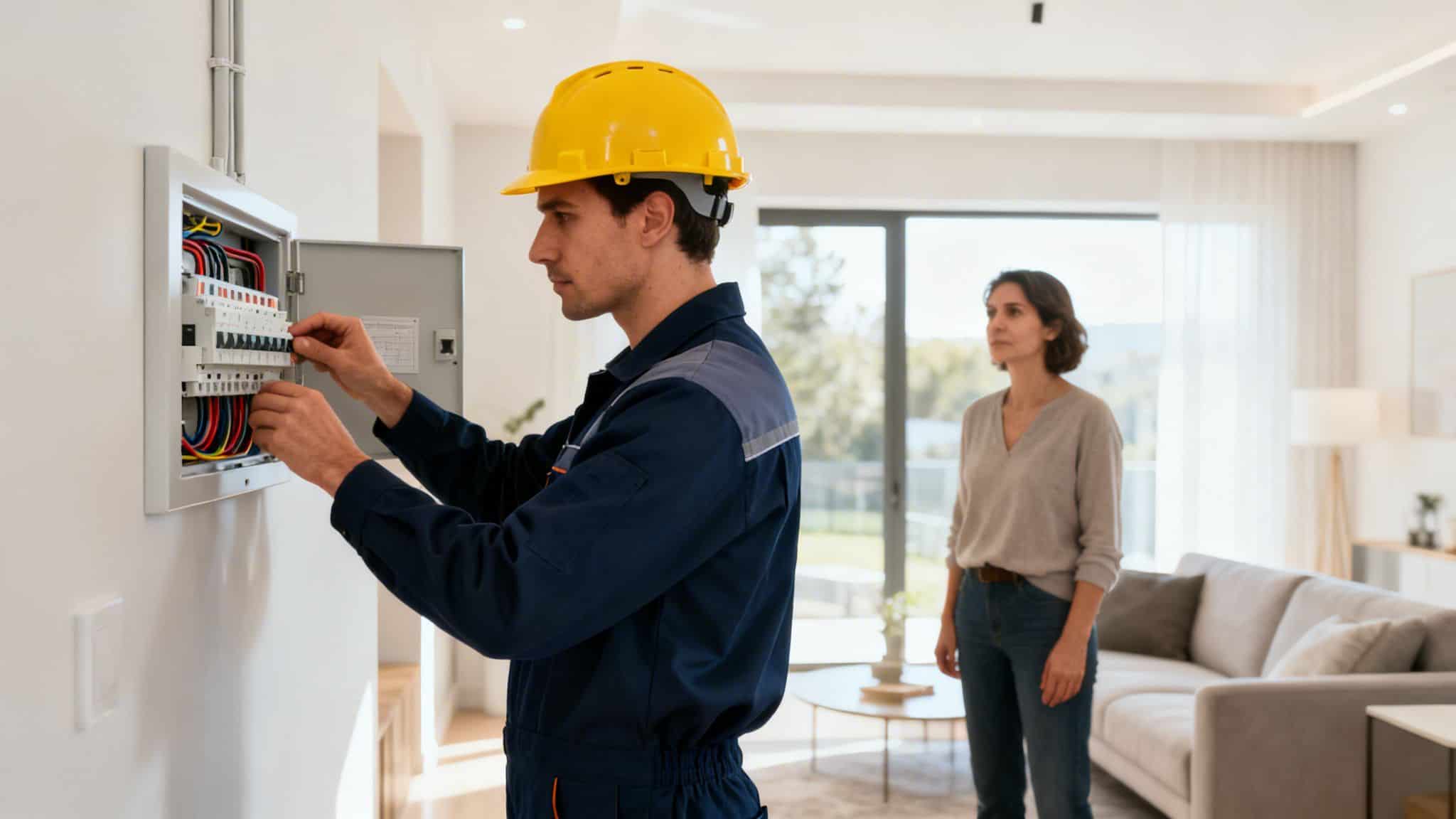 En autoriseret elektriker i blå uniform og gul hjelm arbejder på et el-panel i et moderne hjem, mens en kvinde ser på.