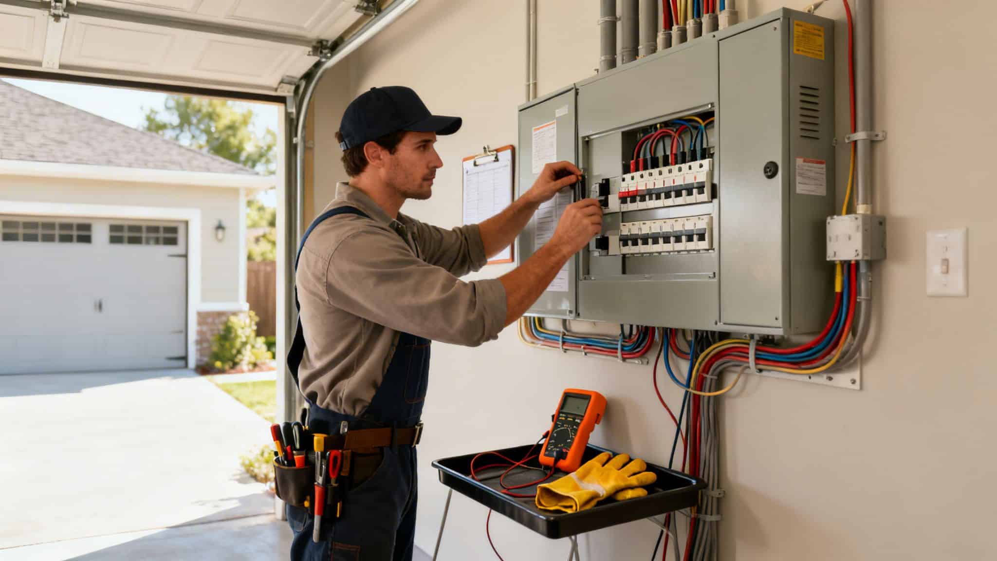 En elektriker i blå kedeldragt og kasket justerer en eltavle i en garage, med værktøj i bæltet.