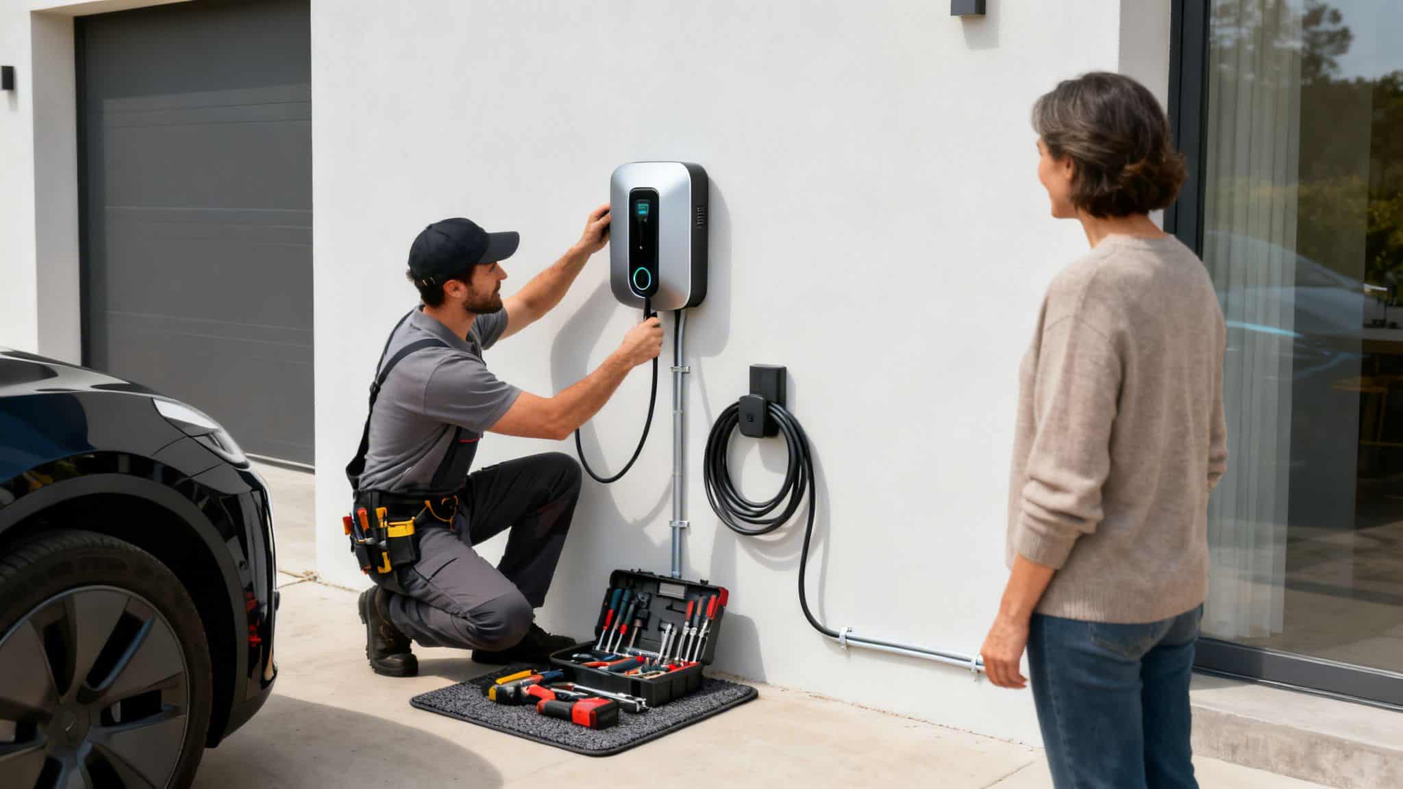 Elektriker installerer ladestander til elbil hjemme hos kunde.