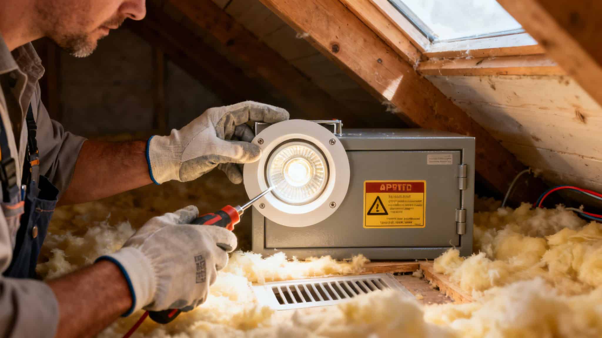 En håndværker monterer en forsænket LED-spotlampe i et isoleret loft ved siden af et ovenlysvindue.