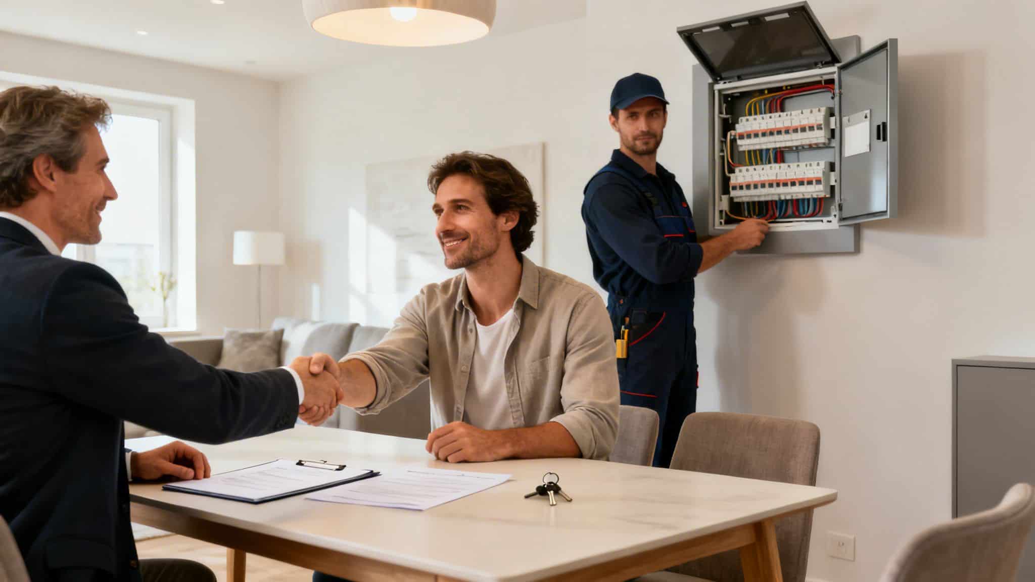 To mænd giver hånd over en kontrakt og nøgler, mens en elektriker arbejder ved et sikringsskab i et hjem.