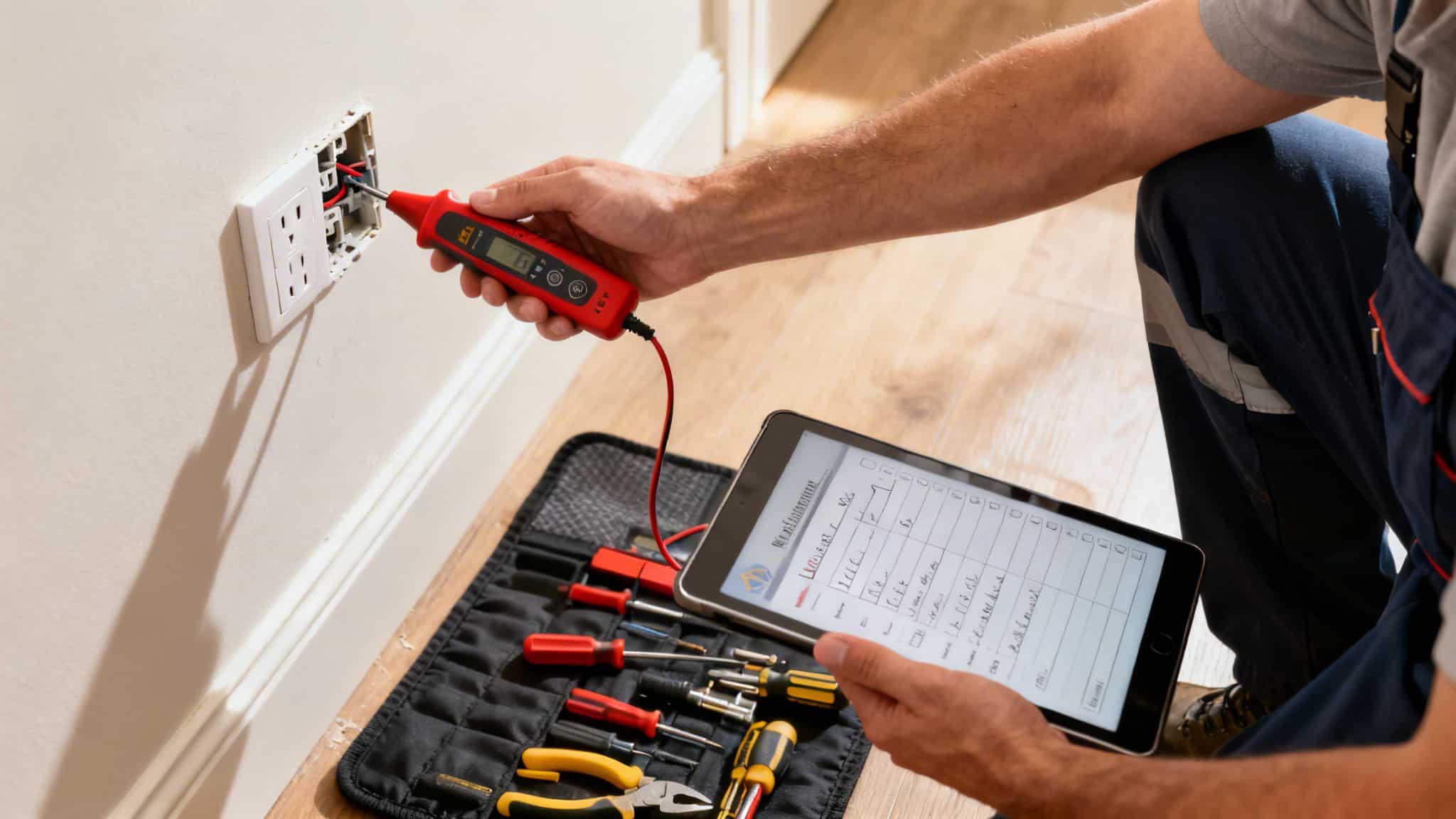 Elektriker tjekker en stikkontakt med et testapparat og en tablet med en arbejdsformular.