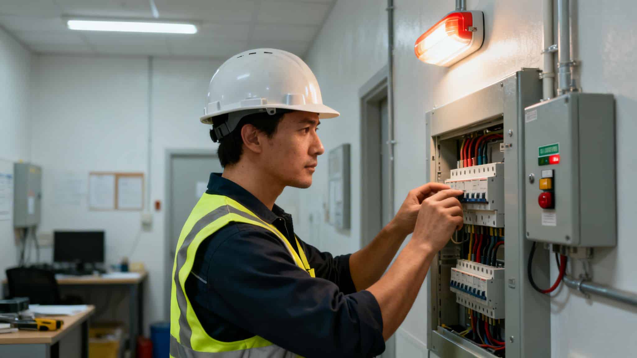 Elektriker udfører el-tjek i kontrolpanel på Sjælland.
