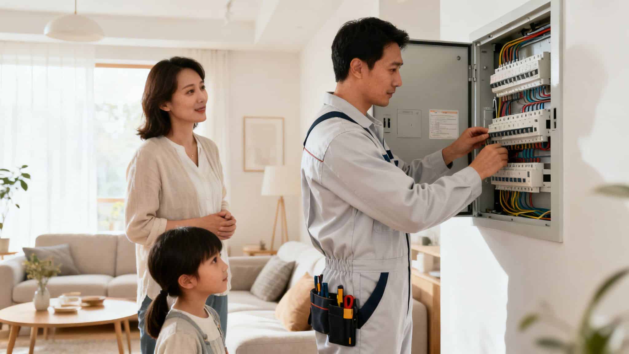 En elektriker tjekker et sikringsskab, mens en kvinde og et barn ser på i et moderne hjem.