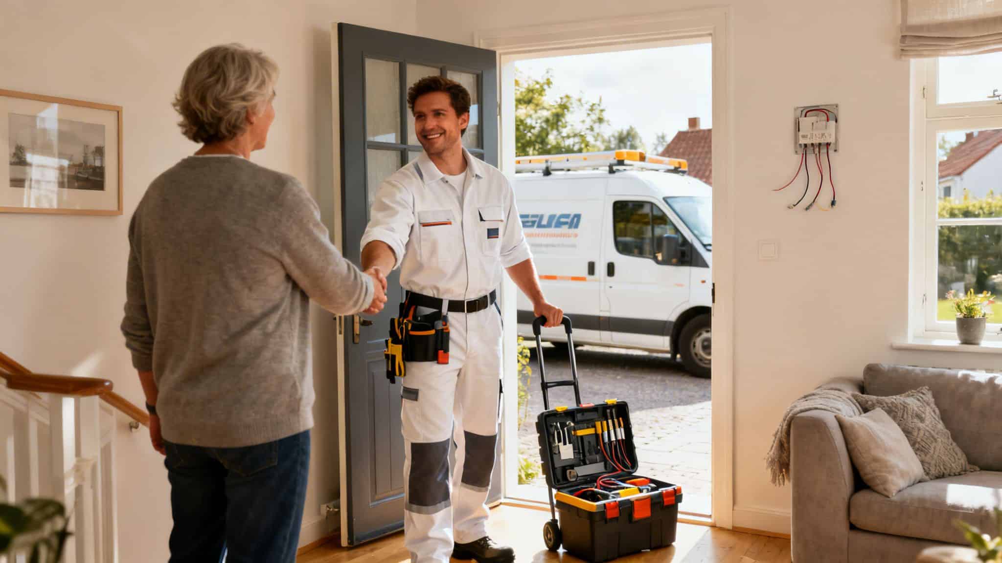 En smilende elektriker i arbejdstøj hilser på en kunde ved hoveddøren med servicevogn udenfor.