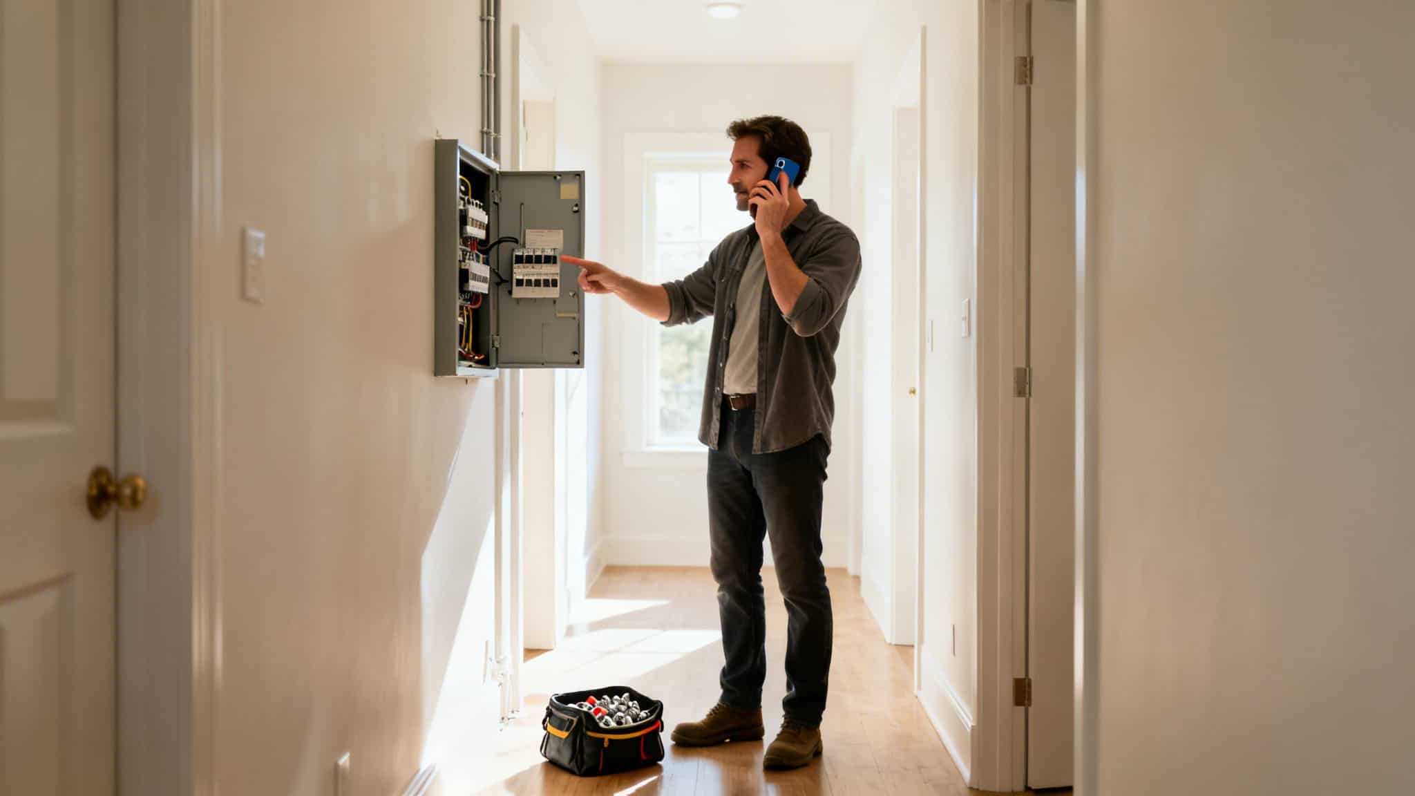 En elektriker taler i telefon og peger på en åben eltavle i et lyst hjem.