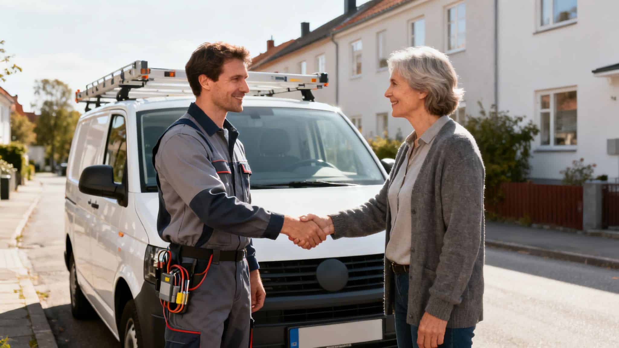 En smilende elektriker i arbejdstøj giver hånd til en kvindelig kunde foran sin varevogn.