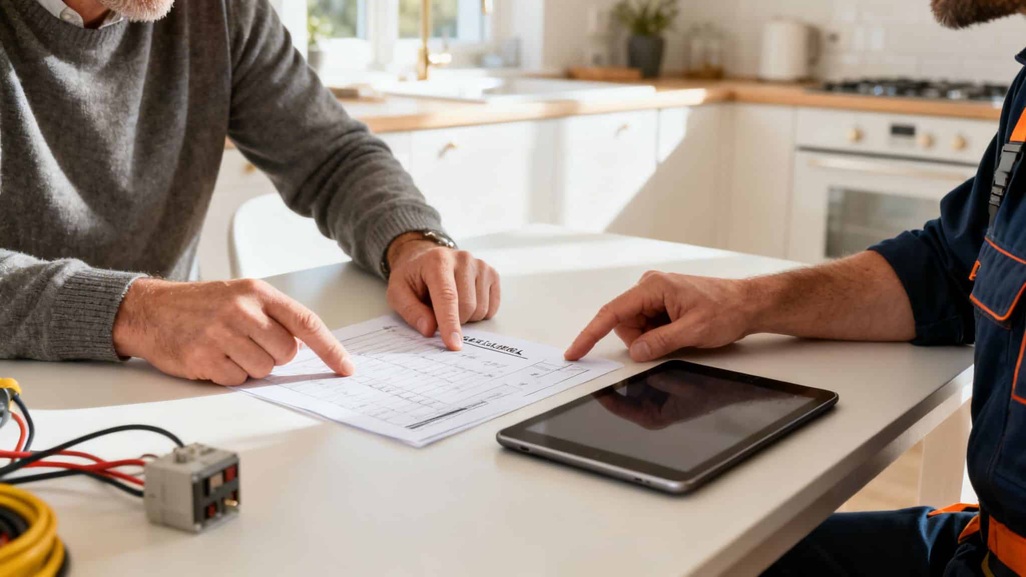 To mænd, en elektriker og en kunde, sidder ved et bord og gennemgår et tilbud eller en arbejdsplan for elinstallationer i et køkken.
