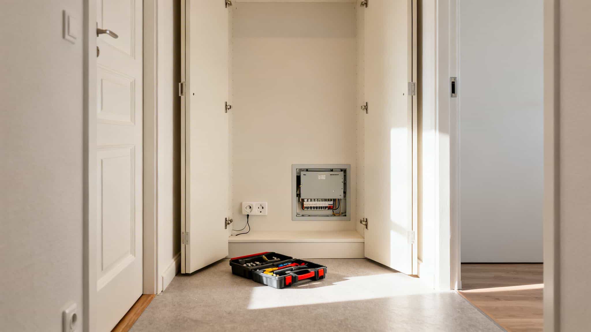 Indretningsbillede af et tomt skab med værktøj på gulvet, klar til installation.