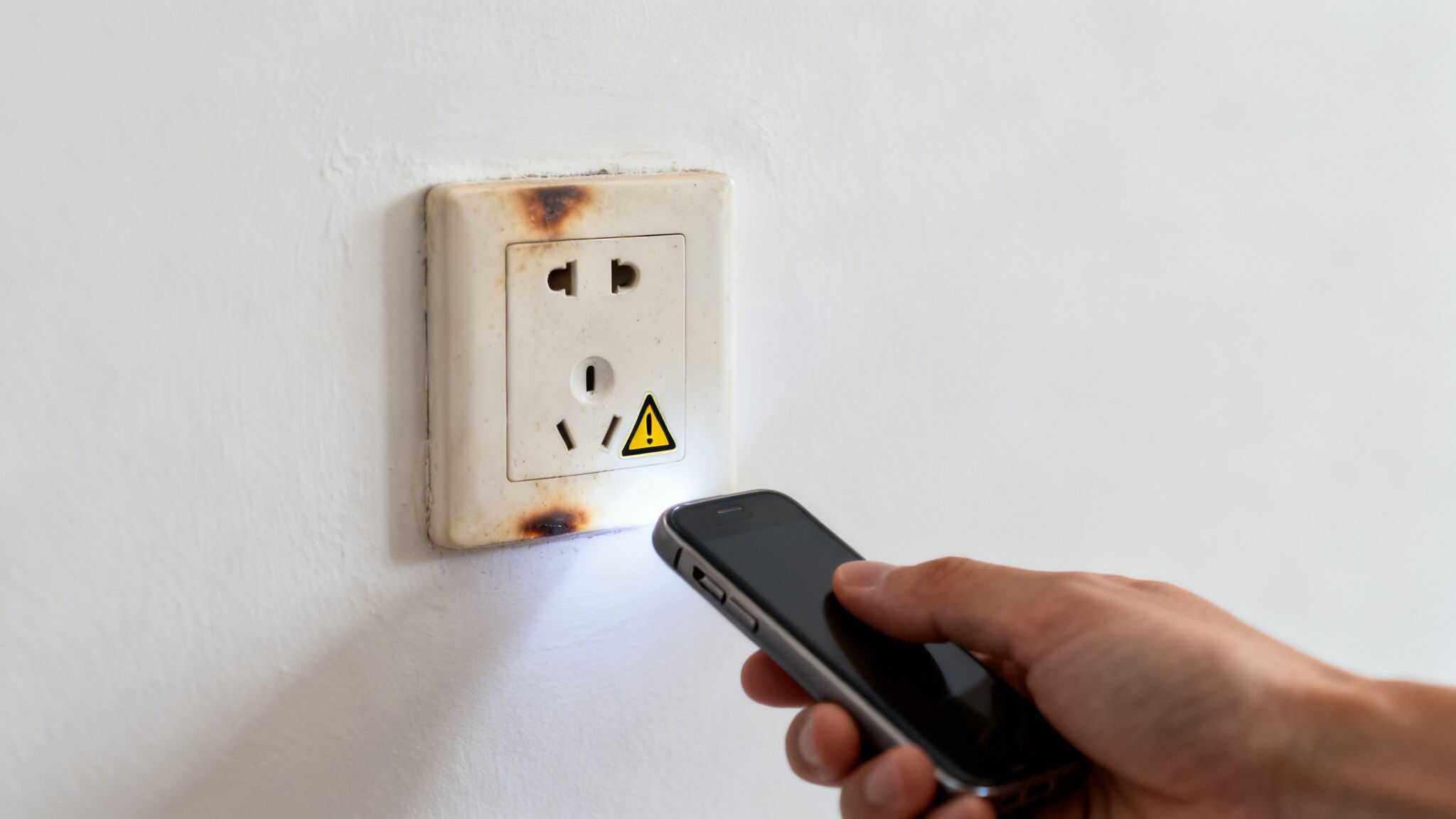 Elektriker tjekker stikkontakt med brændt afsmitning på væggen.