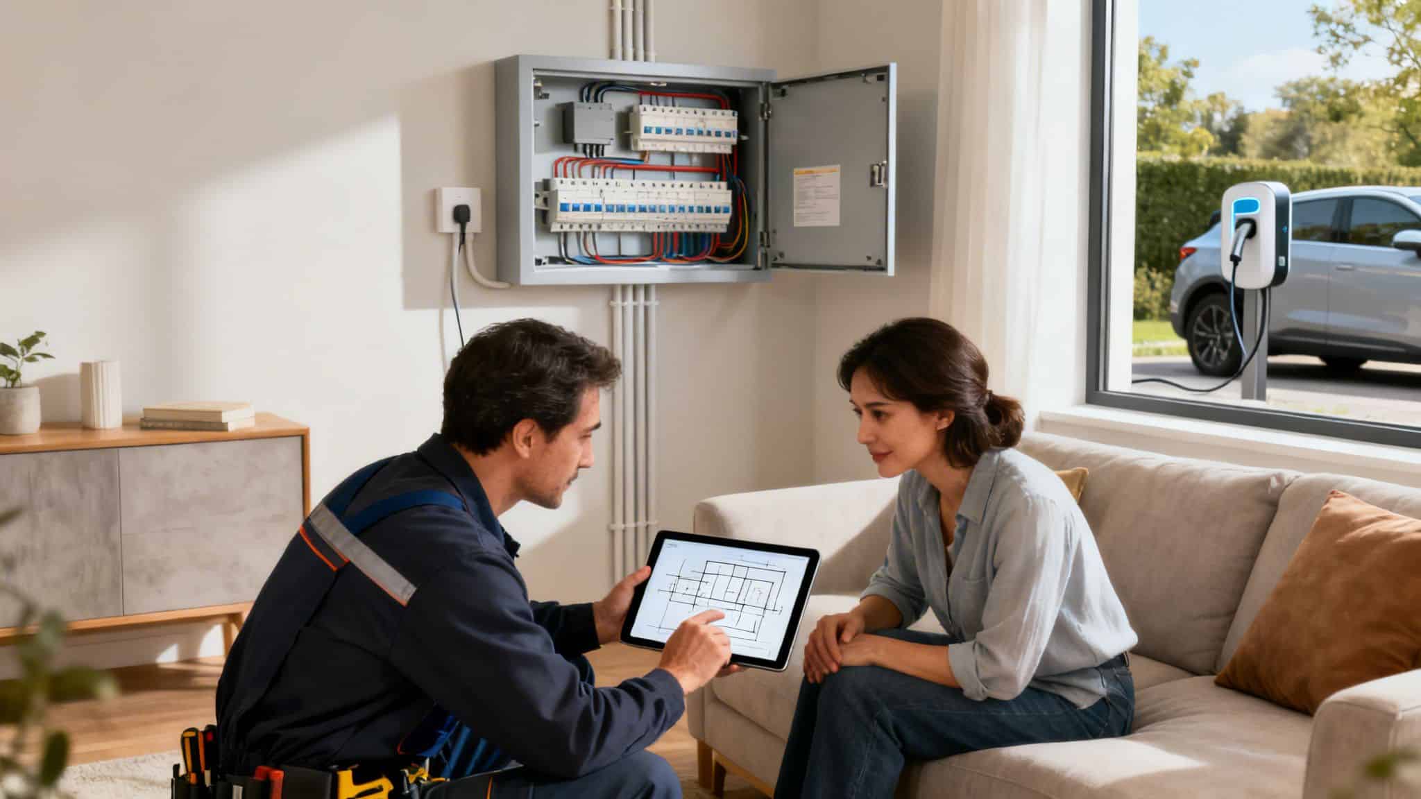 Elektriker giver rådgivning til kvinde om elinstallationer indendørs.