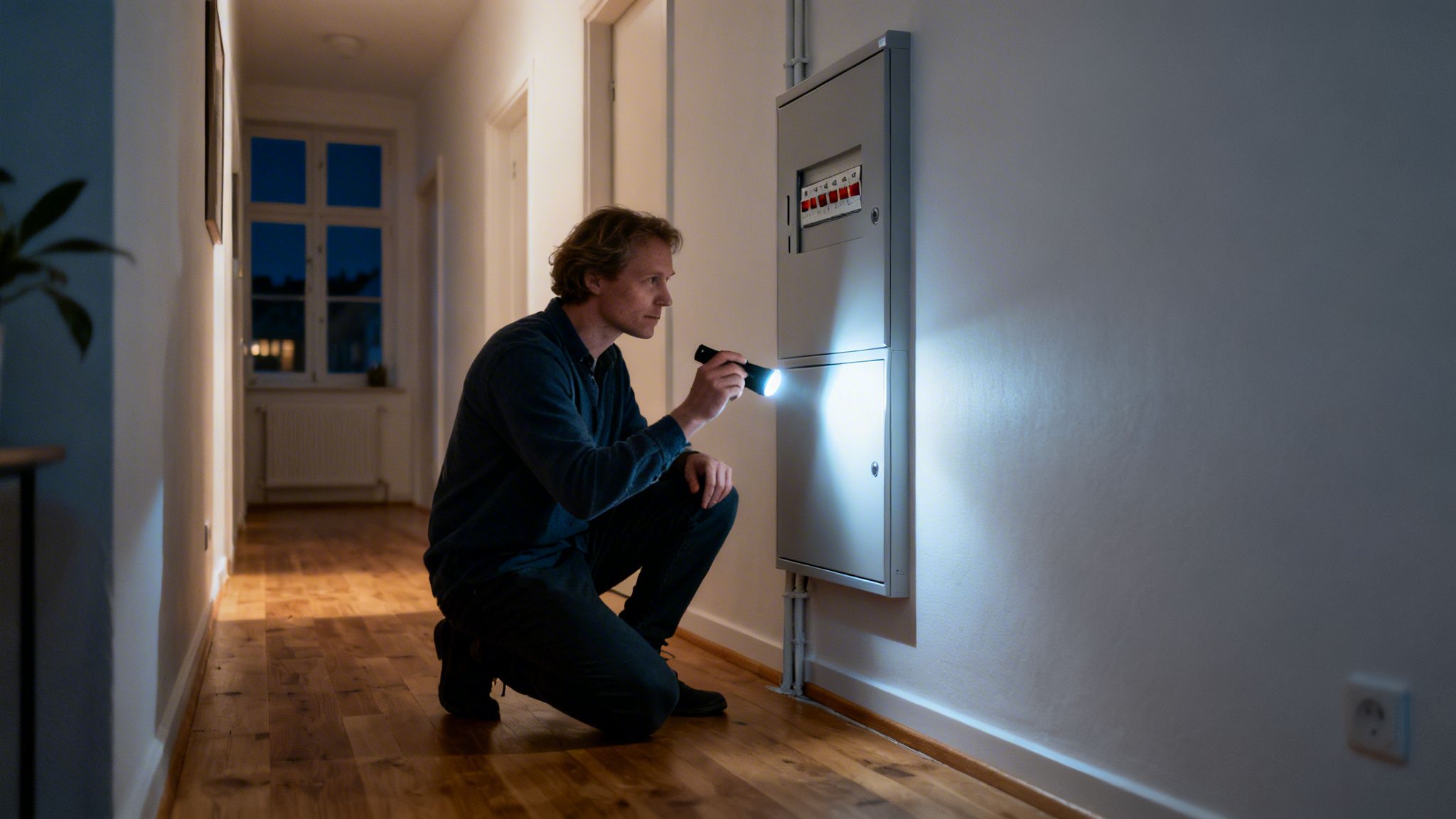 En mand knæler i en mørk gang og inspicerer en eltavle med en lommelygte.