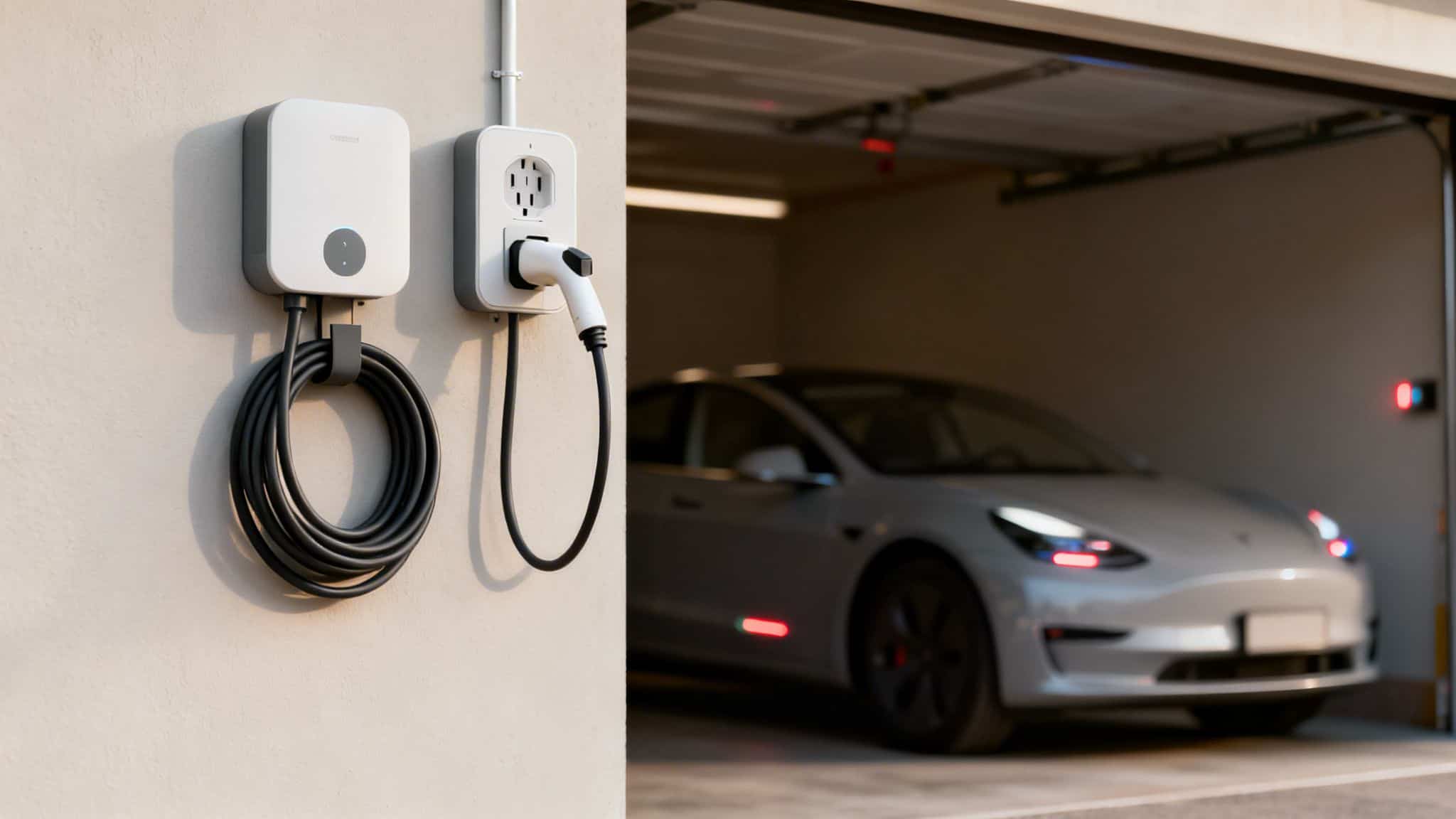 To moderne elbilladere er monteret på en væg udenfor, med en Tesla Model 3 parkeret i garagen.