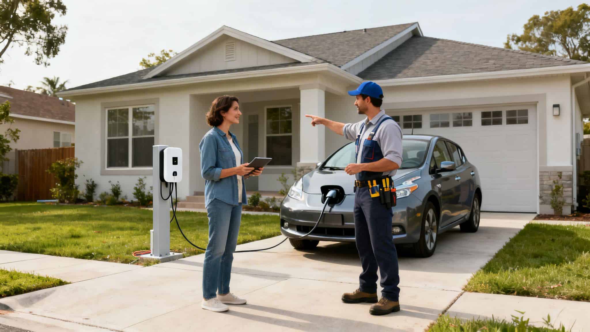 Elektriker forklarer installation af ladestander foran hus.
