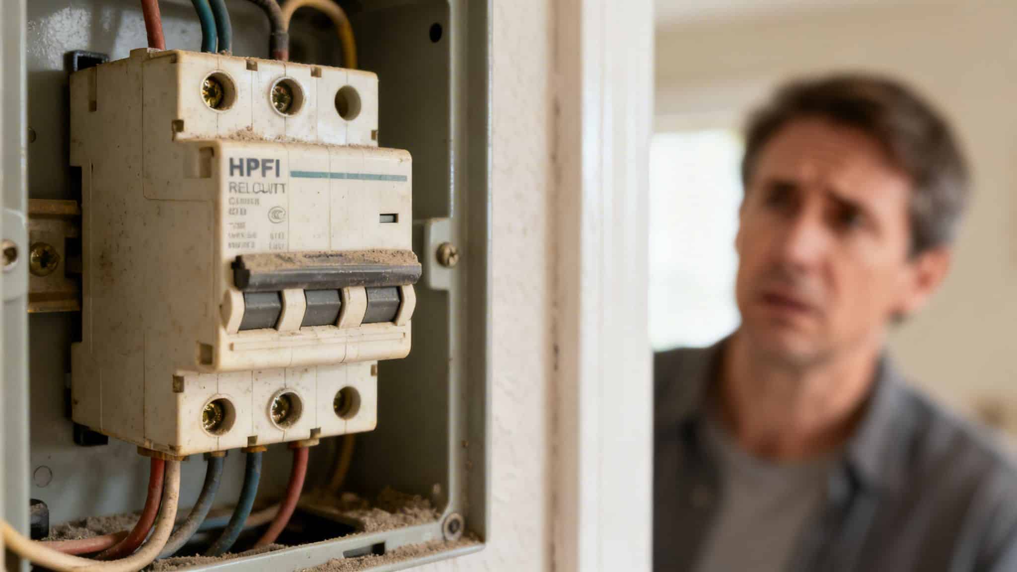 Nærbillede af et støvet HPFI-relæ i en eltavle, med en bekymret mand i baggrunden.