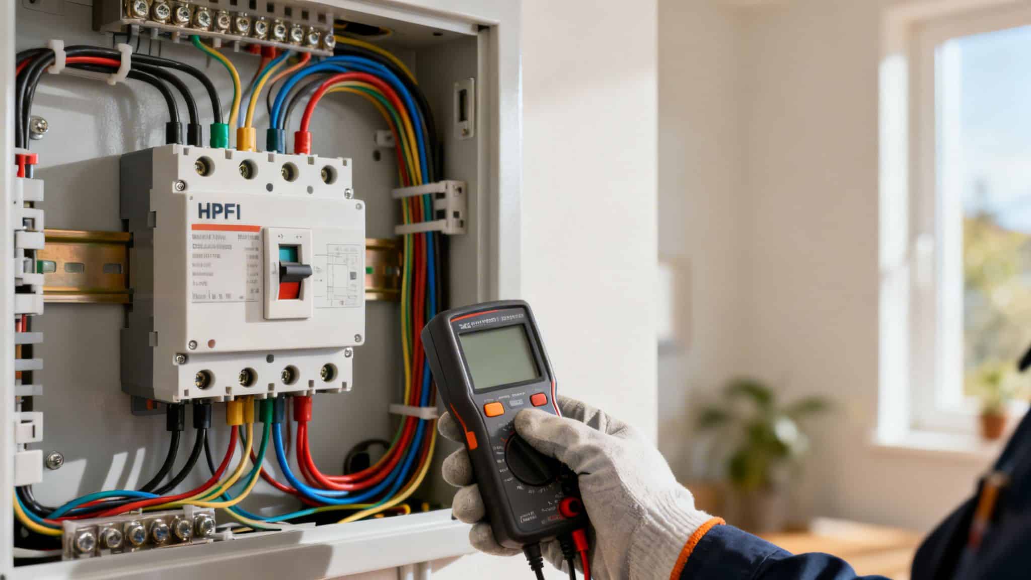 En elektriker kontrollerer et elektrisk panel med et HPFI-relæ og et multimeter for at sikre sikkerhed.