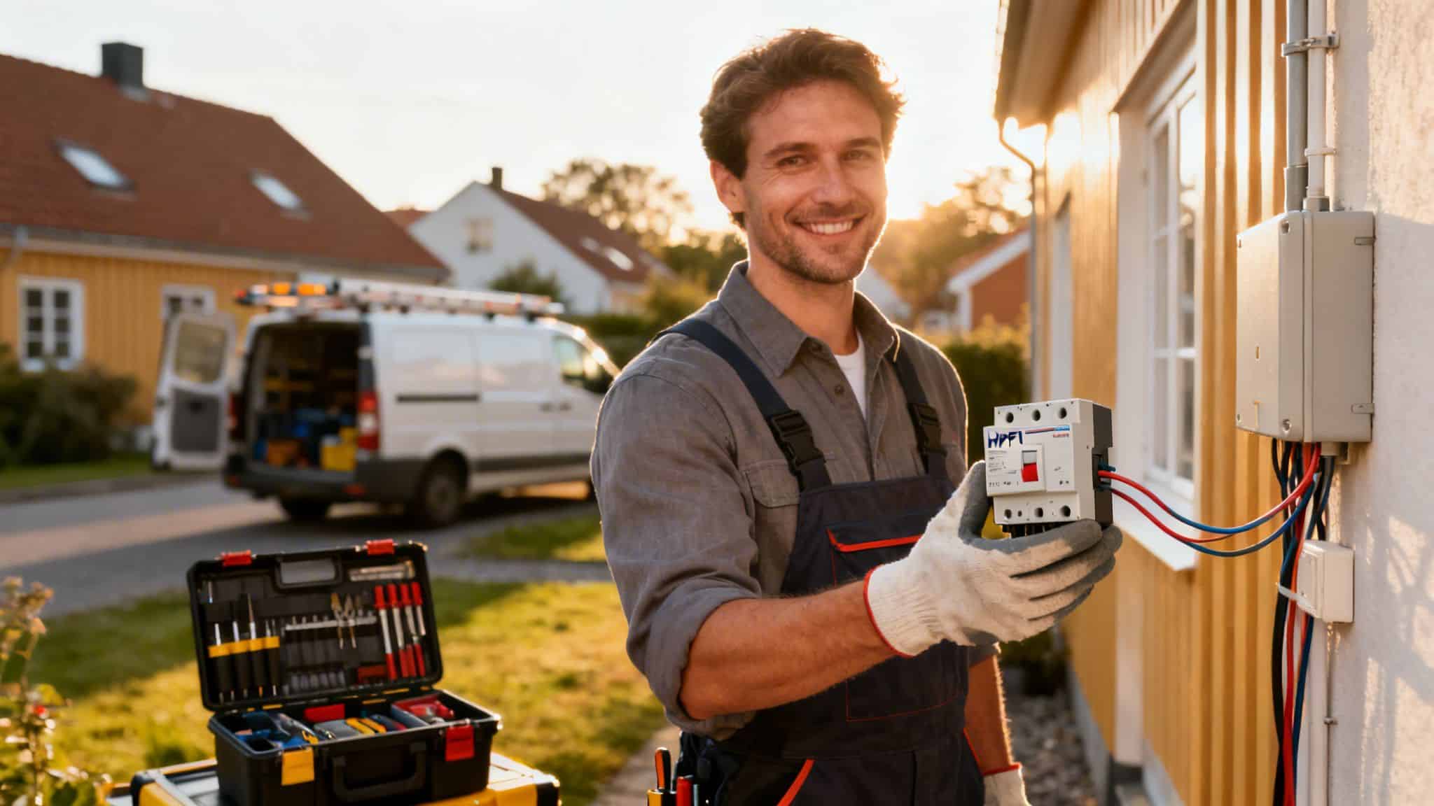 En smilende elektriker holder et HPFI-relæ og arbejder ved et hus med værktøj og servicevogn i baggrunden.