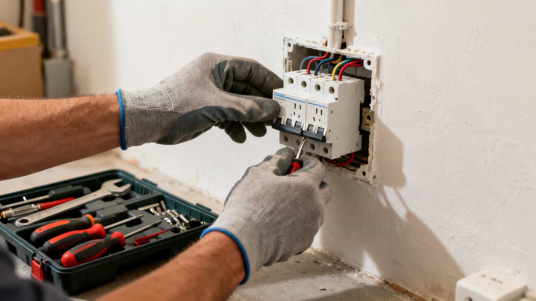 En elektriker med handsker reparerer et elpanel i en væg med en skruetrækker.
