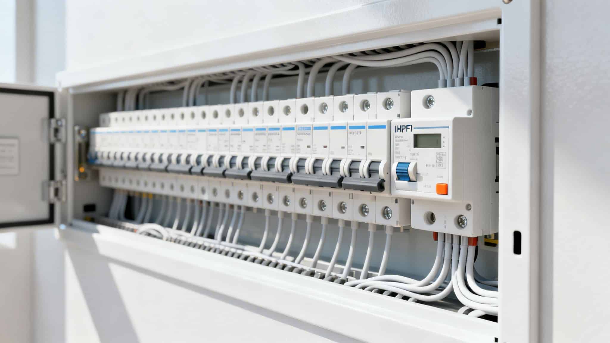 El-tavle med sikringer og ledninger til installationer.