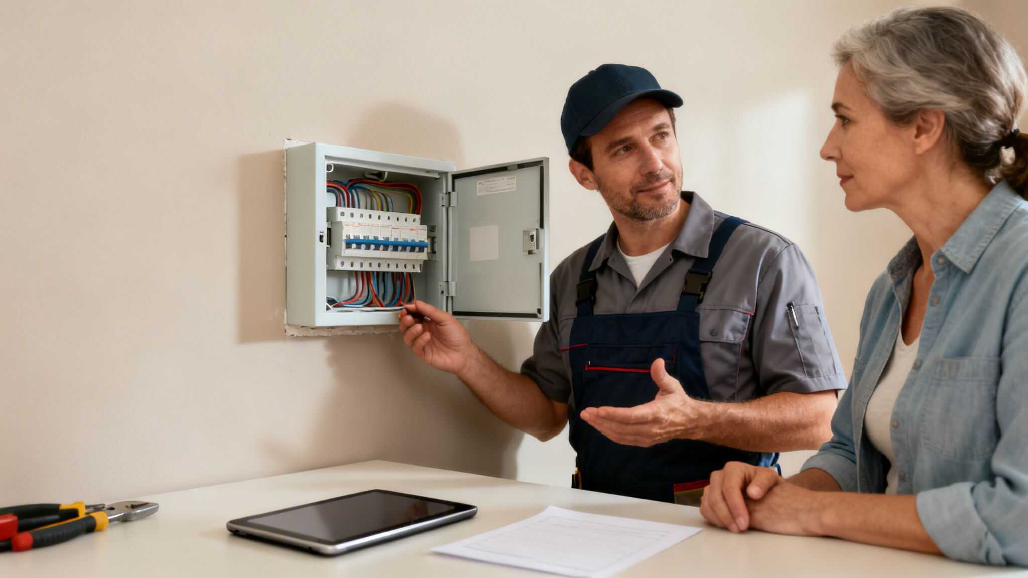 En elektriker forklarer en kvinde om en åben eltavle og el-installation i et hjem.