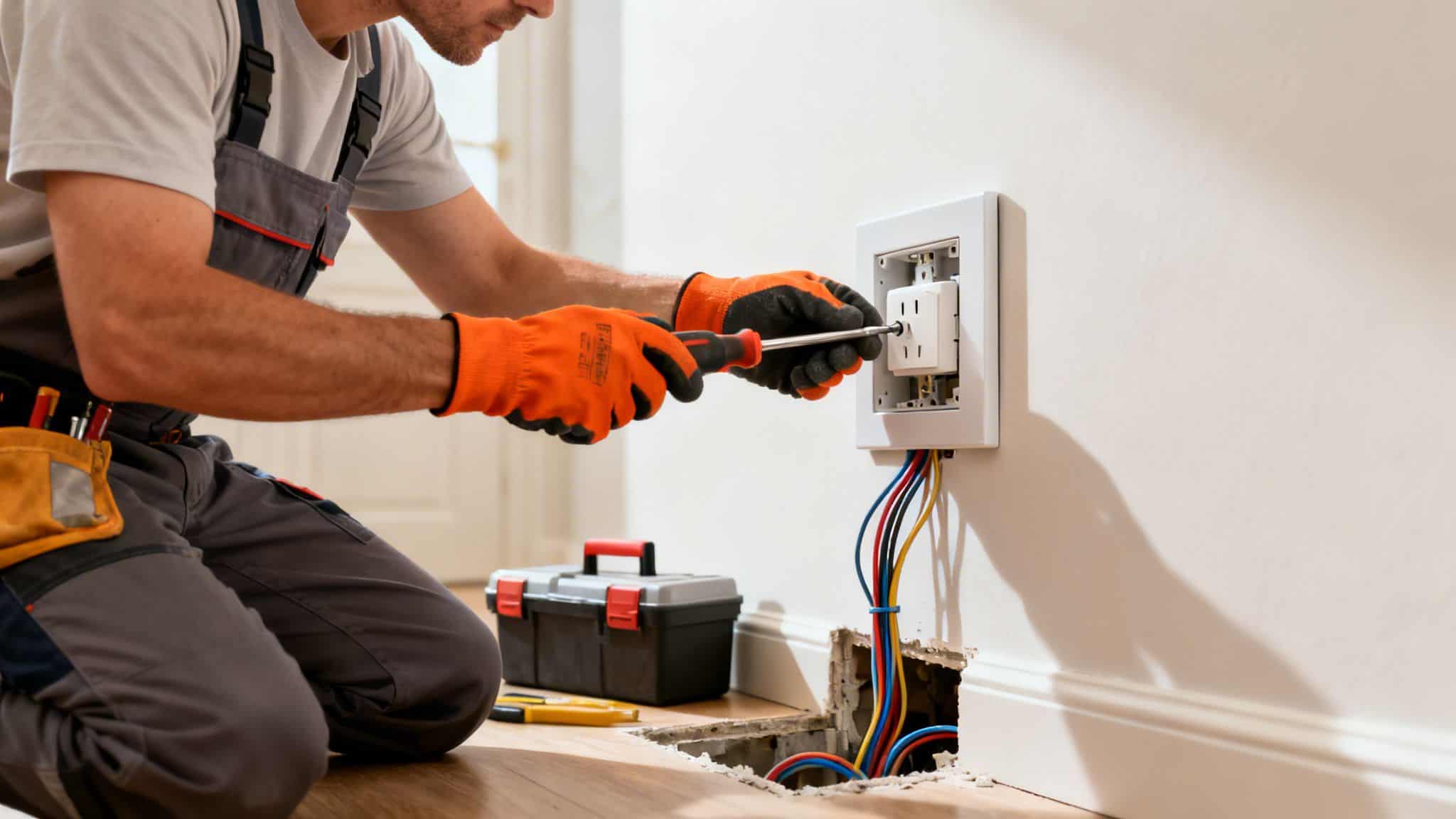 Elektriker installerer ny stikkontakt for sikkerhed og lovlighed.