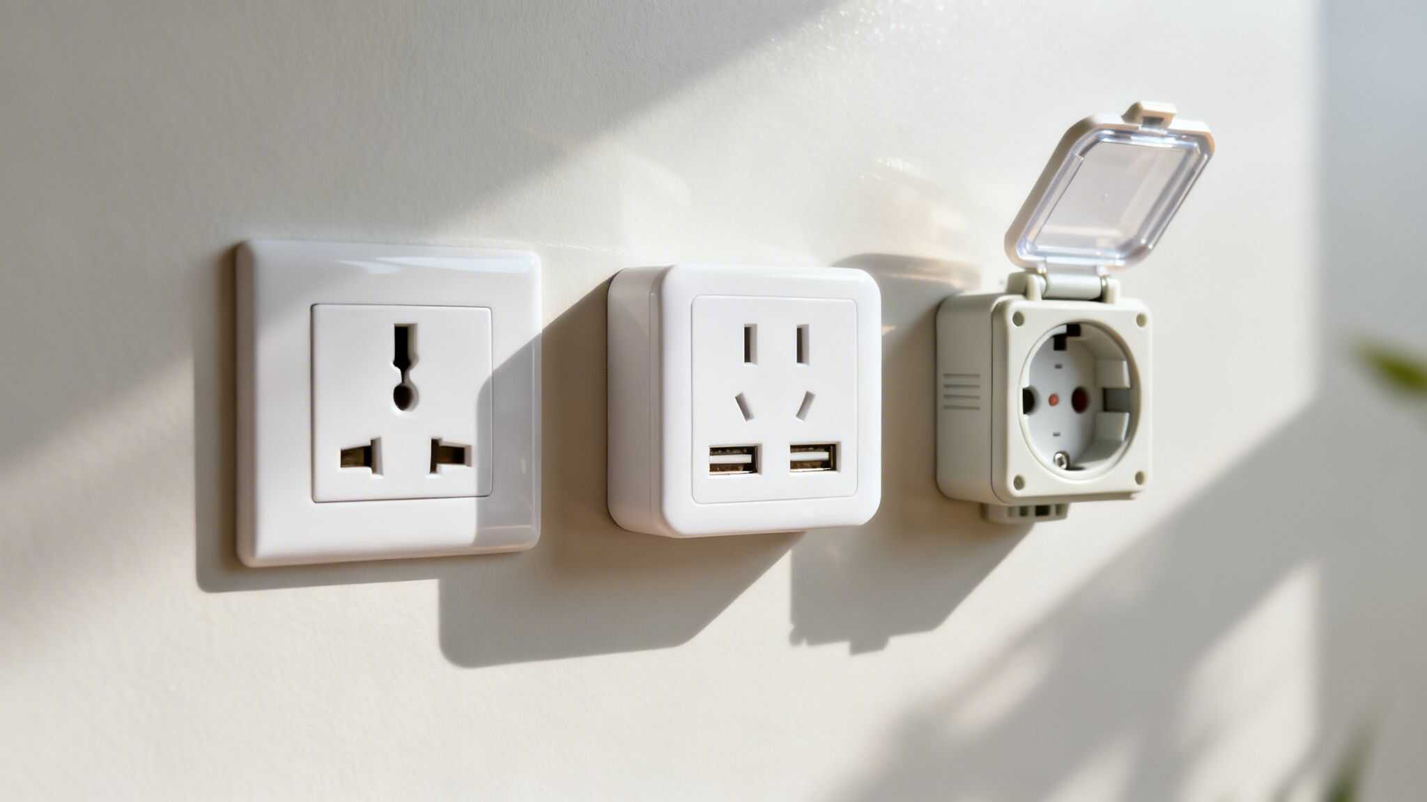 Billedet viser forskellige typer af stikkontakter til elektrisk installation.