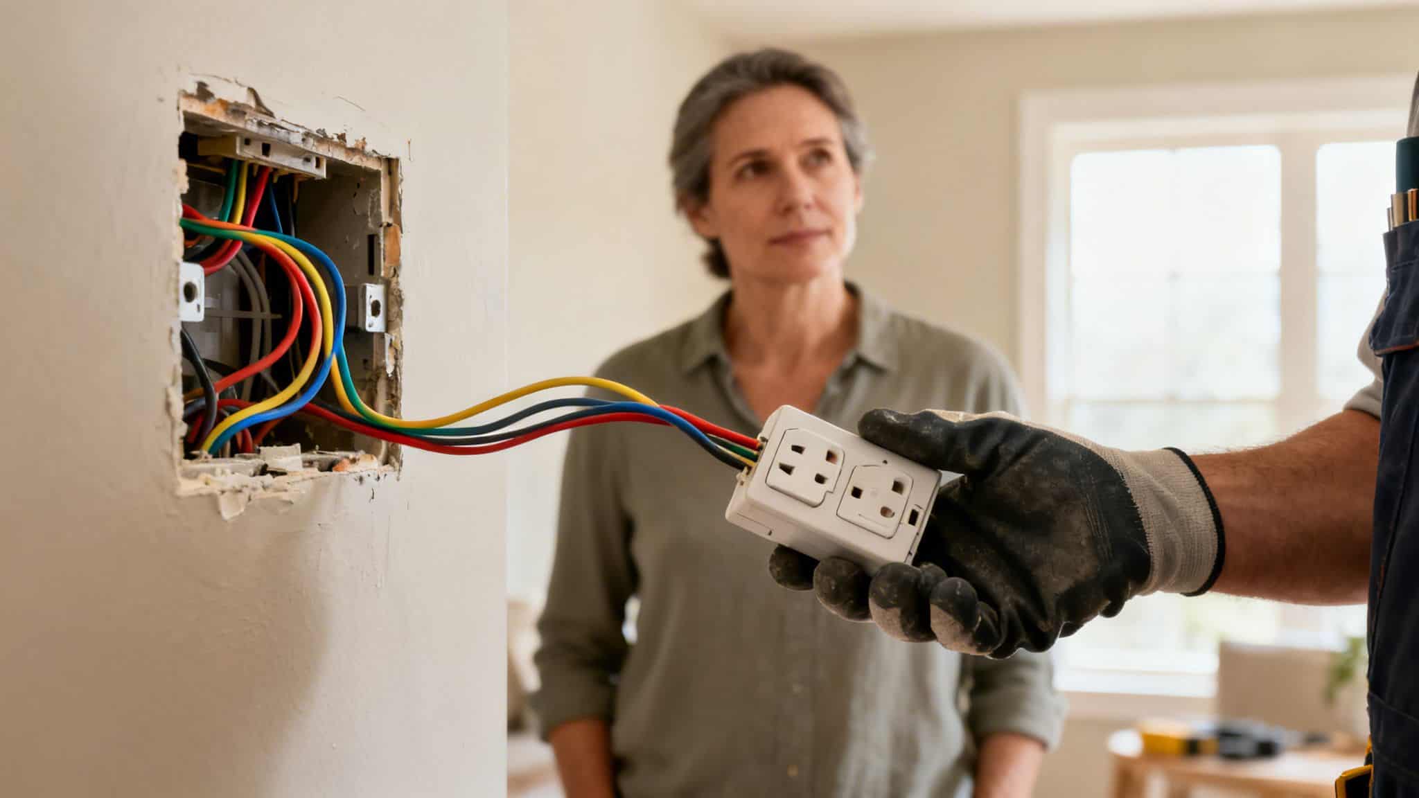 En elektriker holder en stikdåse med ledninger, klar til installation i væggen, mens en kvinde observerer arbejdet.