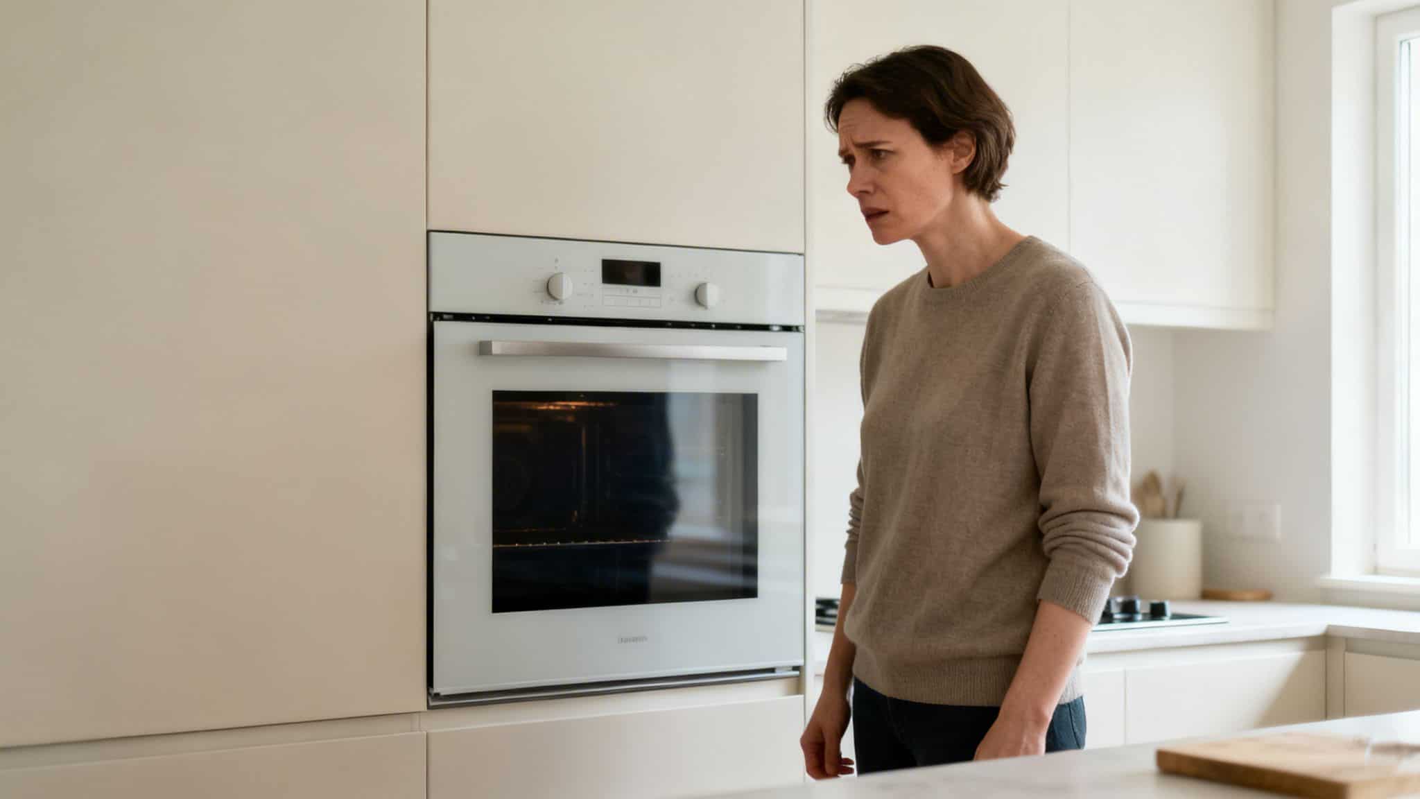 En bekymret kvinde kigger på sin indbyggede ovn i et moderne, lyst køkken, måske med et problem.