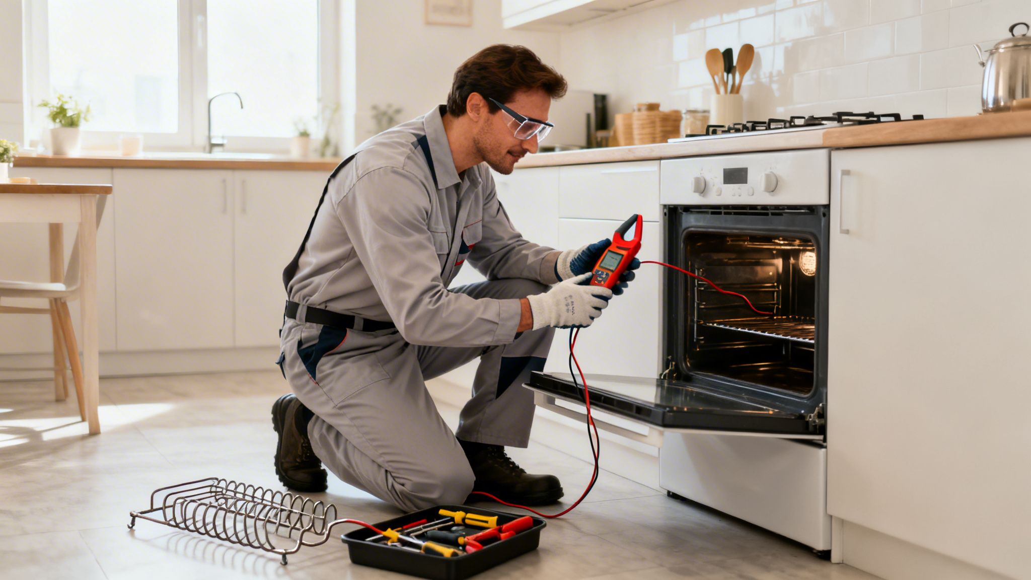 En tekniker i arbejdstøj og sikkerhedsbriller tjekker en ovn med et multimeter i et moderne køkken.