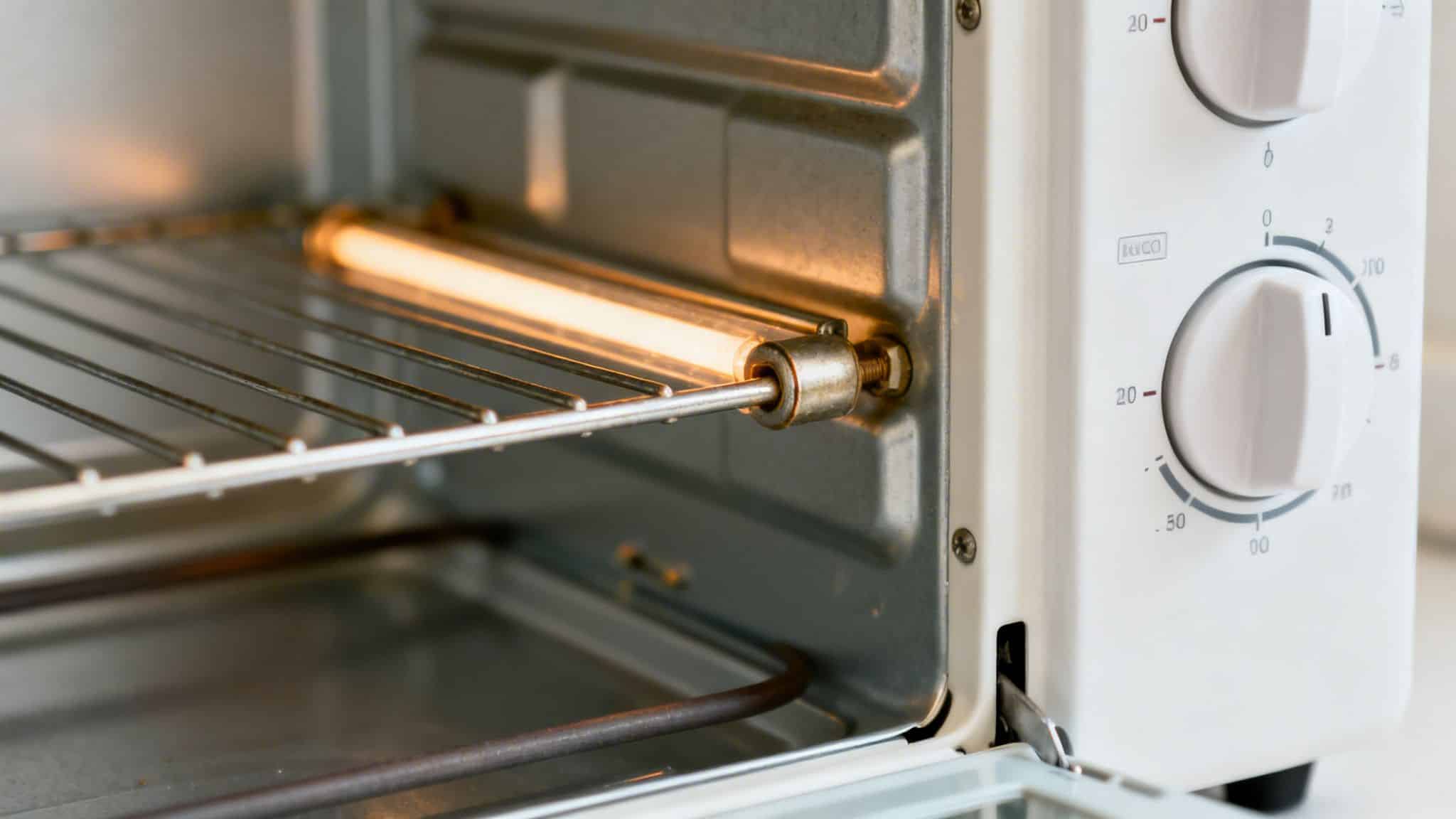 Detaljeret billede af indersiden af en brødristerovn med glødende varmelegeme og riste. Kontrolknapper ses på siden.