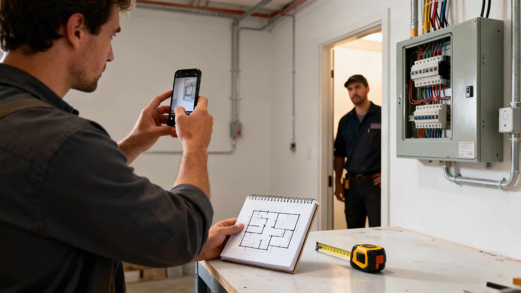 En elektriker tager et billede af en eltavle med sin smartphone, mens han holder en plantegning.