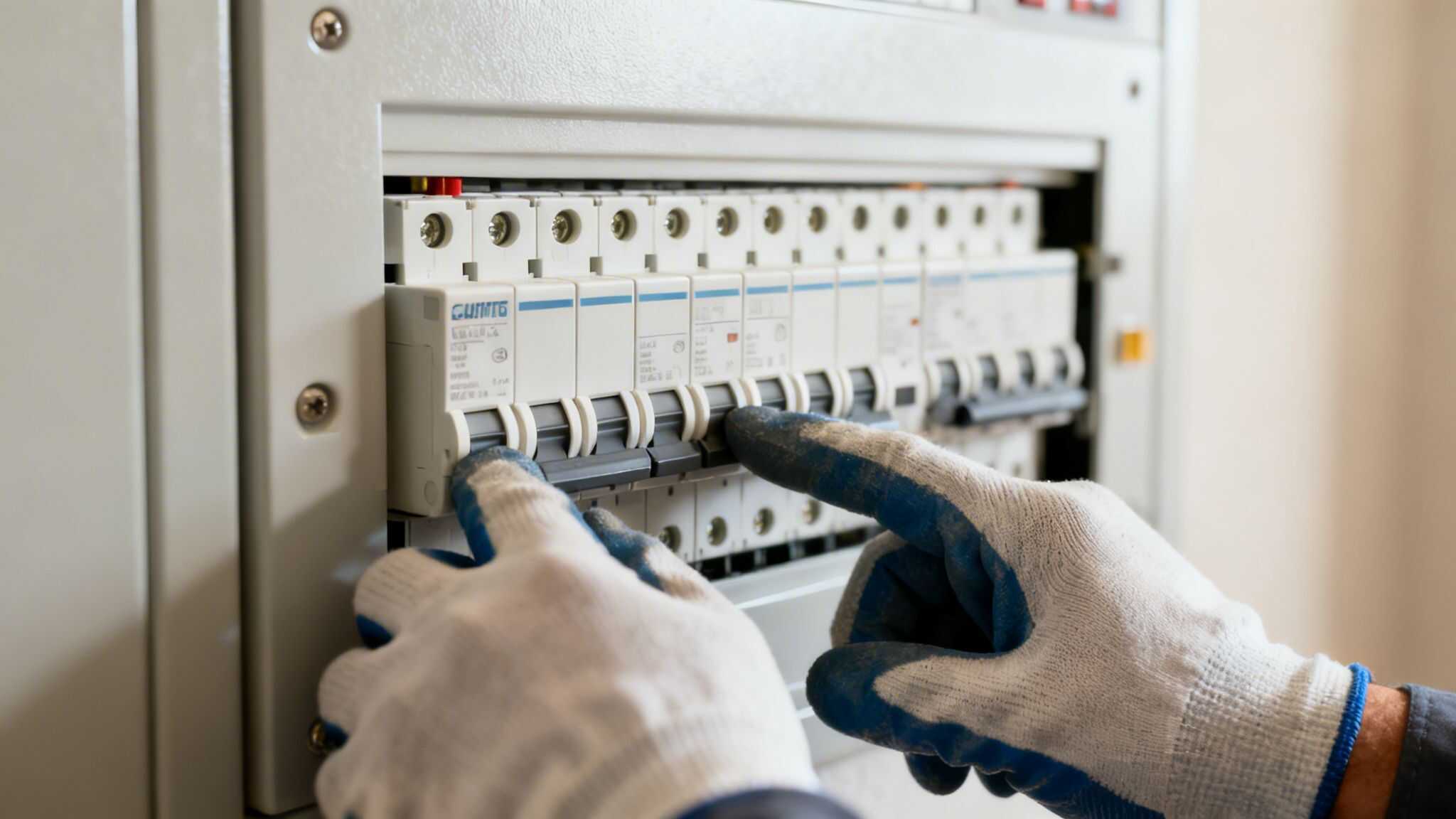 En tekniker i handsker betjener hvide CHINT HPFI-relæer i et elektrisk hovedtavle.