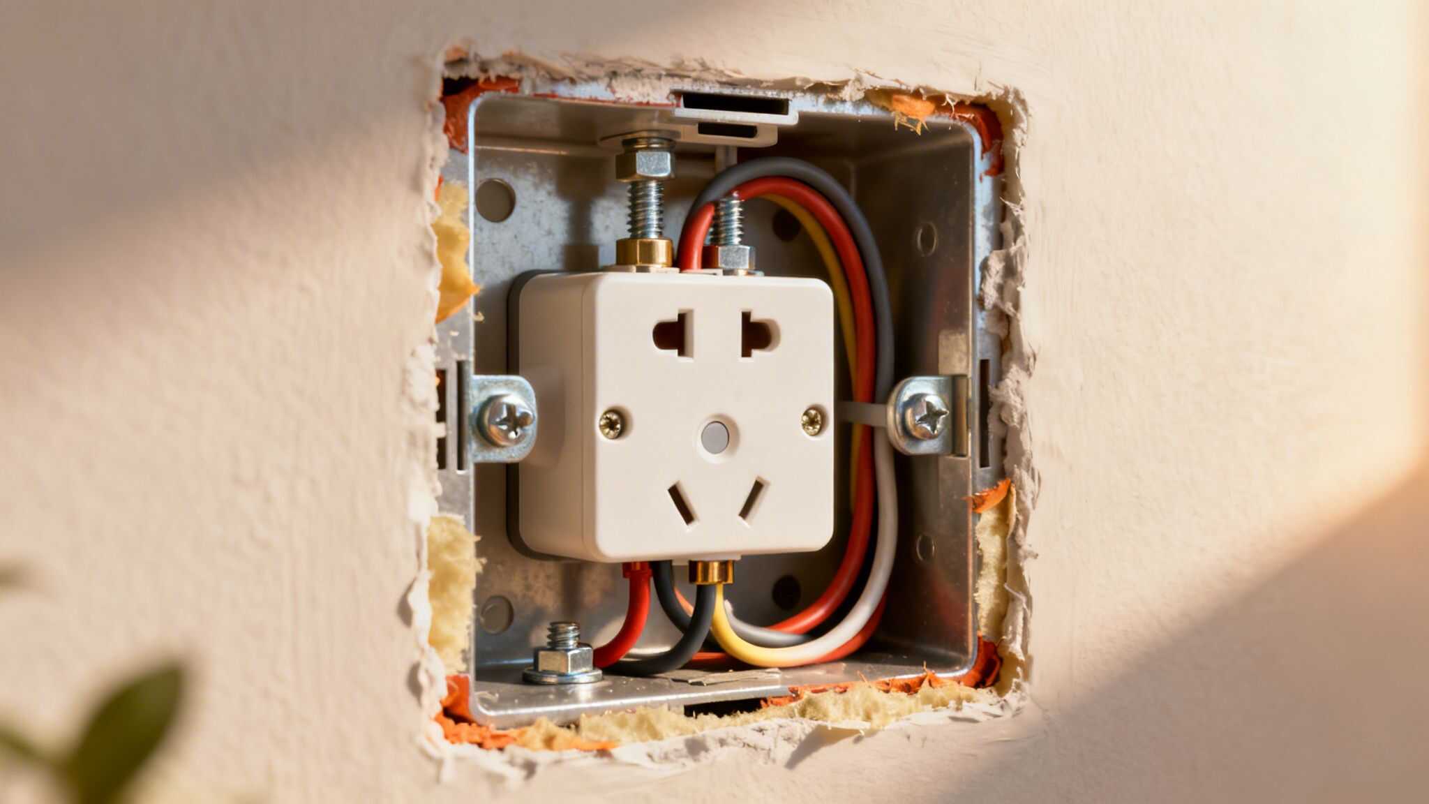 Stikdåse monteret på væg til sikker elektrisk installation.