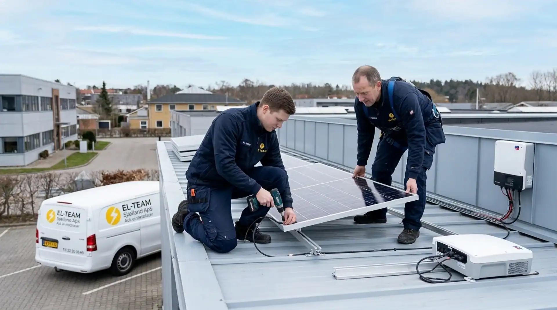 To teknikere installerer solcellepaneler på taget af en bygning.