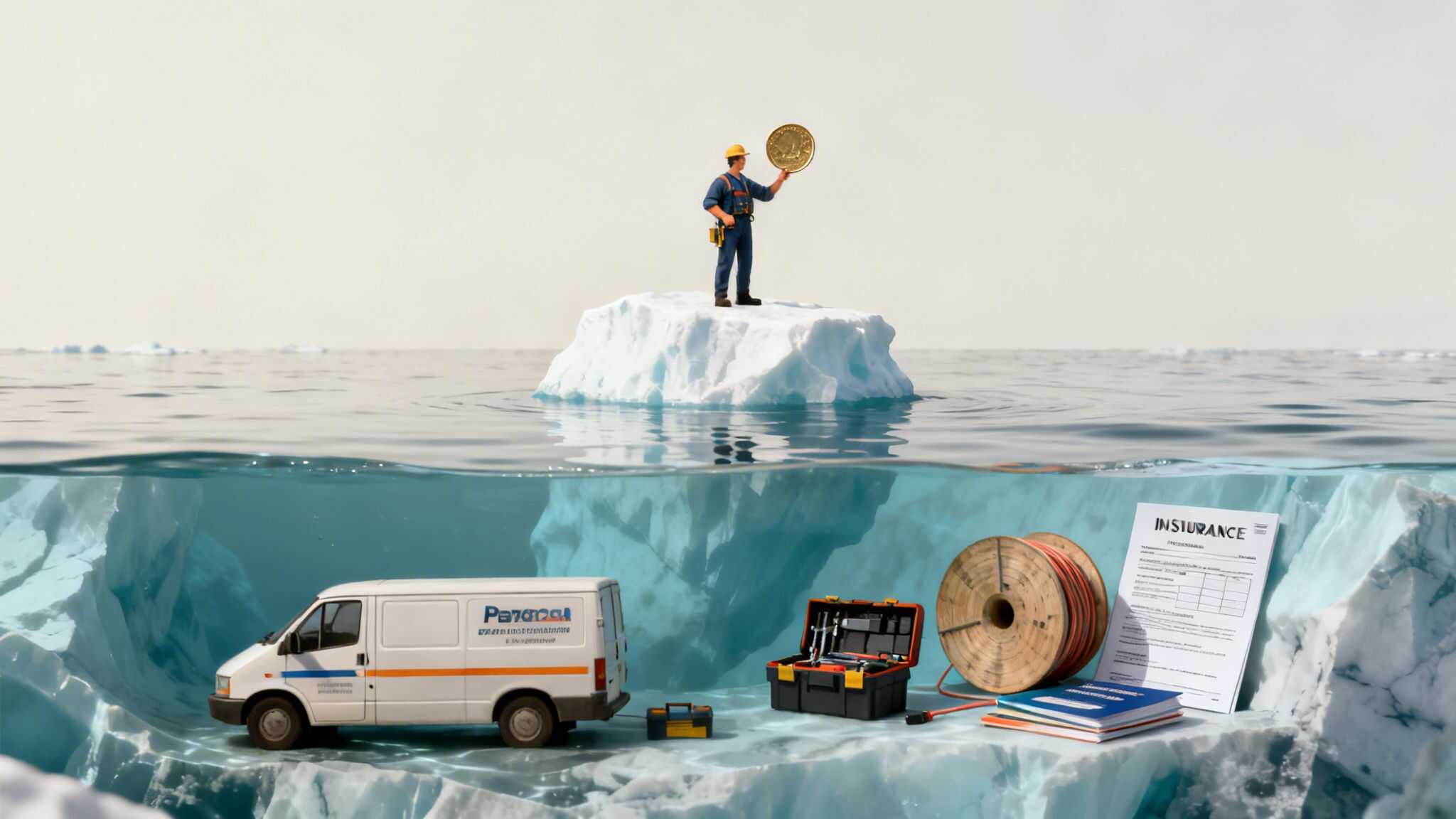 Miniatyrbillede af elektriker på isbjerg med mønt, mens udstyr og varevogn er under vandet.