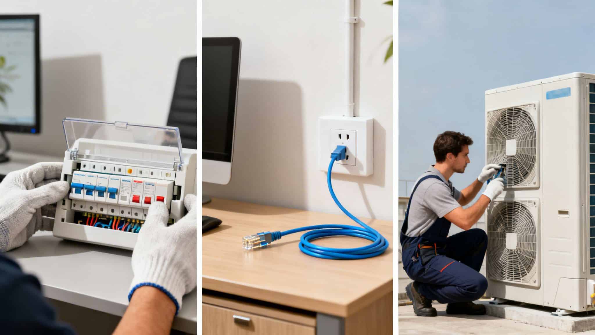 Billedet viser en elektriker ved sikringsskab, netværksinstallation og en tekniker, der vedligeholder et klimaanlæg.