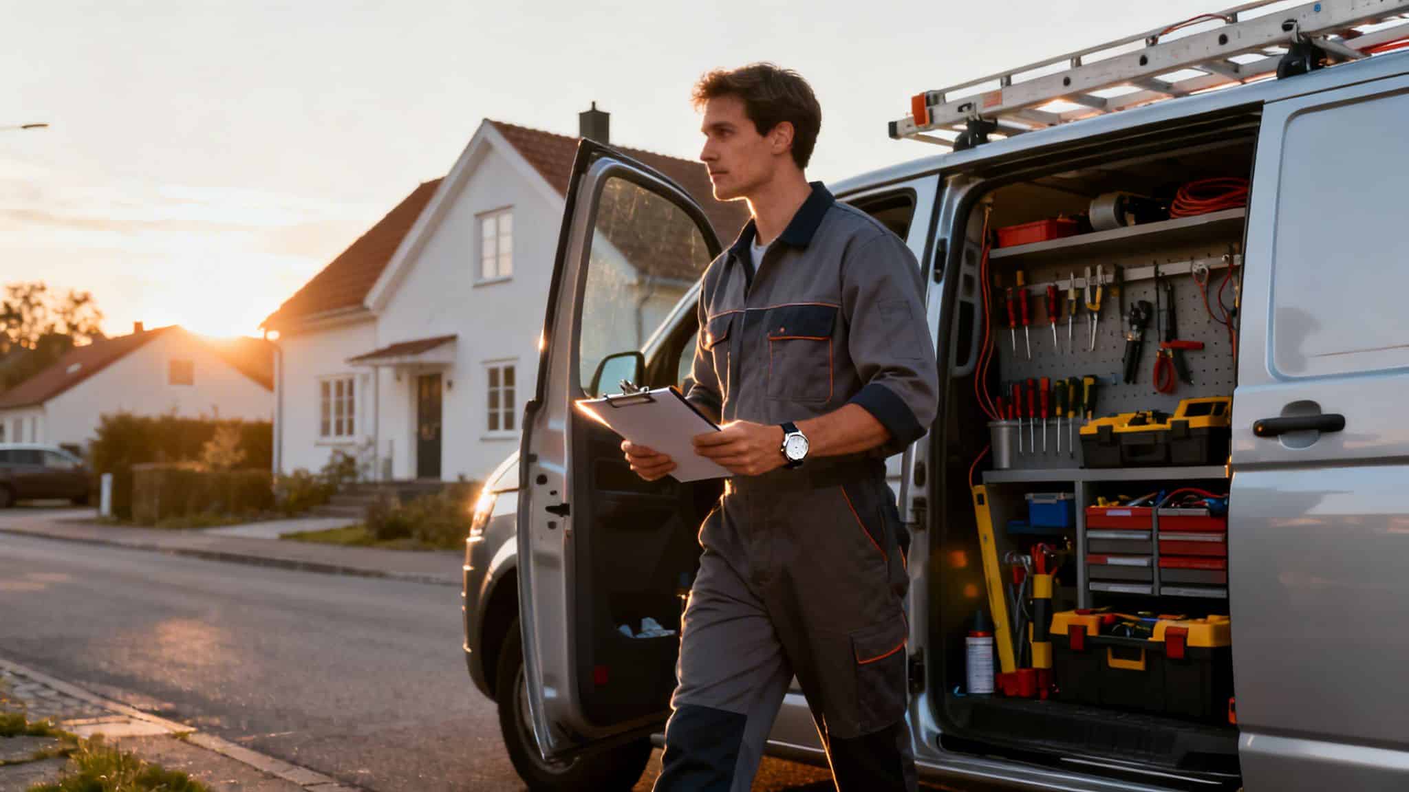 Mandlig elektriker i arbejdstøj med clipboard ved en servicebil fyldt med værktøj i et boligområde.