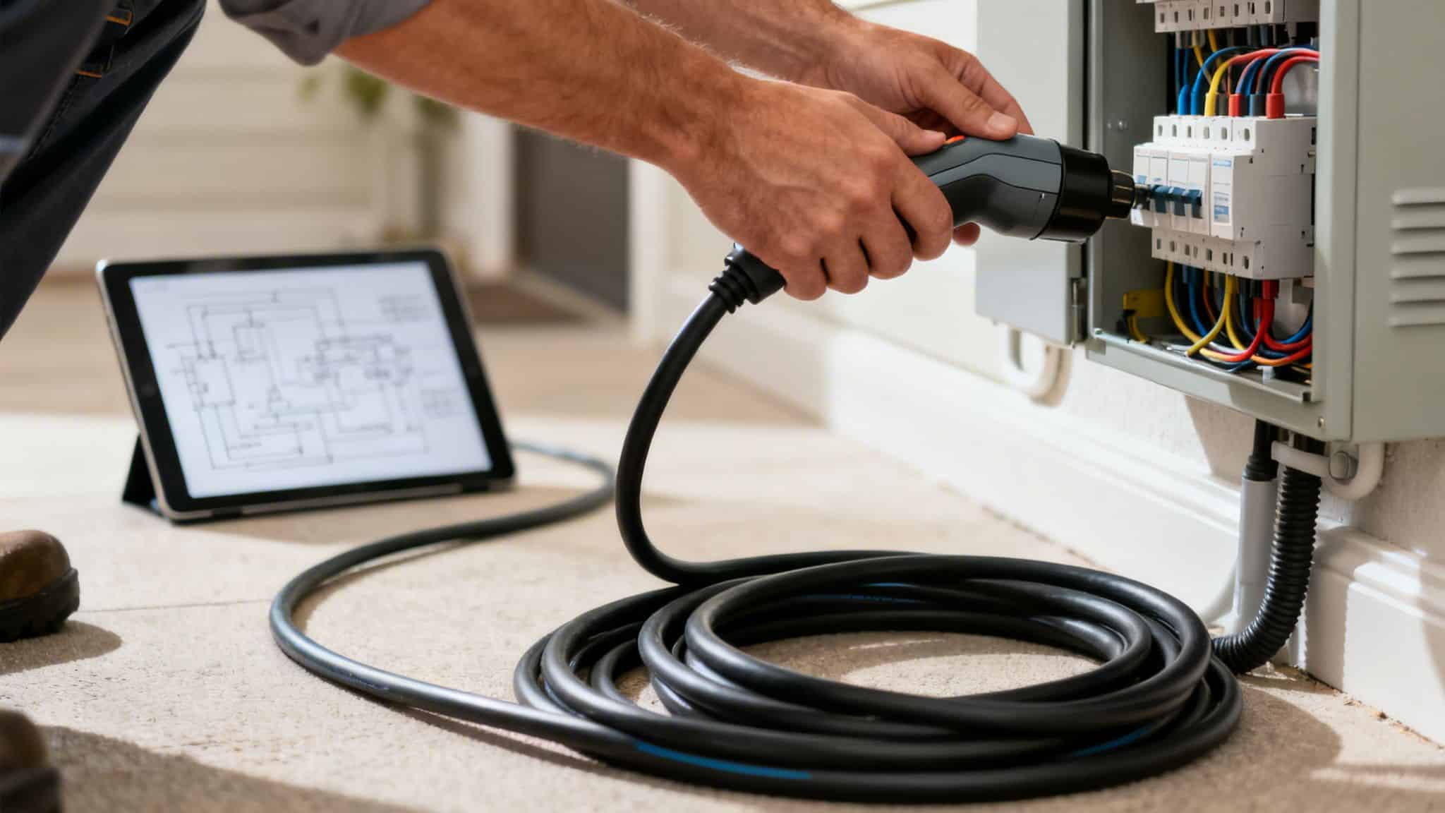 Hænder monterer et ladekabel til en el-tavle ved en ladestanderinstallation, mens et diagram vises på en tablet.