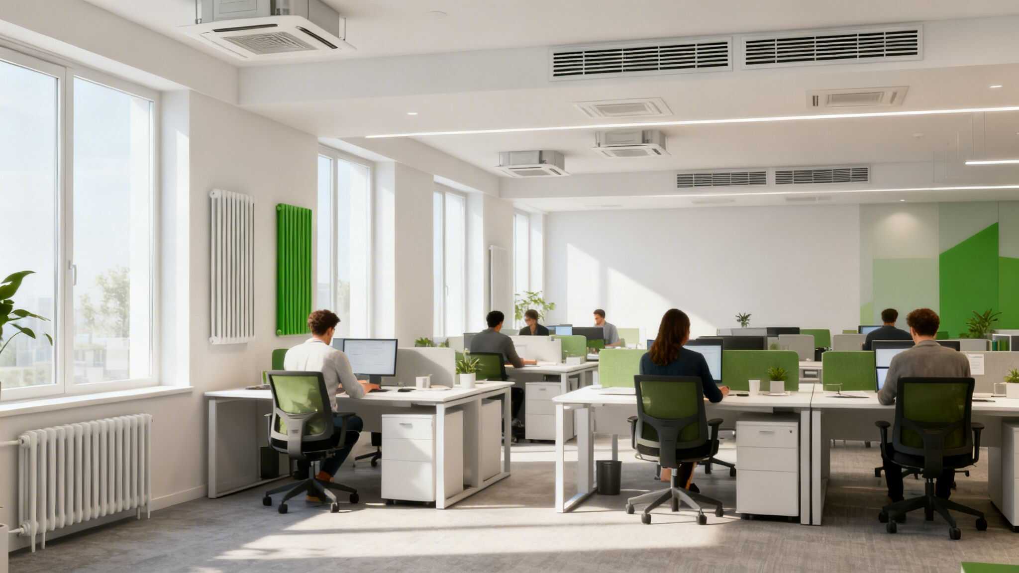 Kontor med moderne el-installationer og store vinduer, medarbejdere arbejder ved computere.
