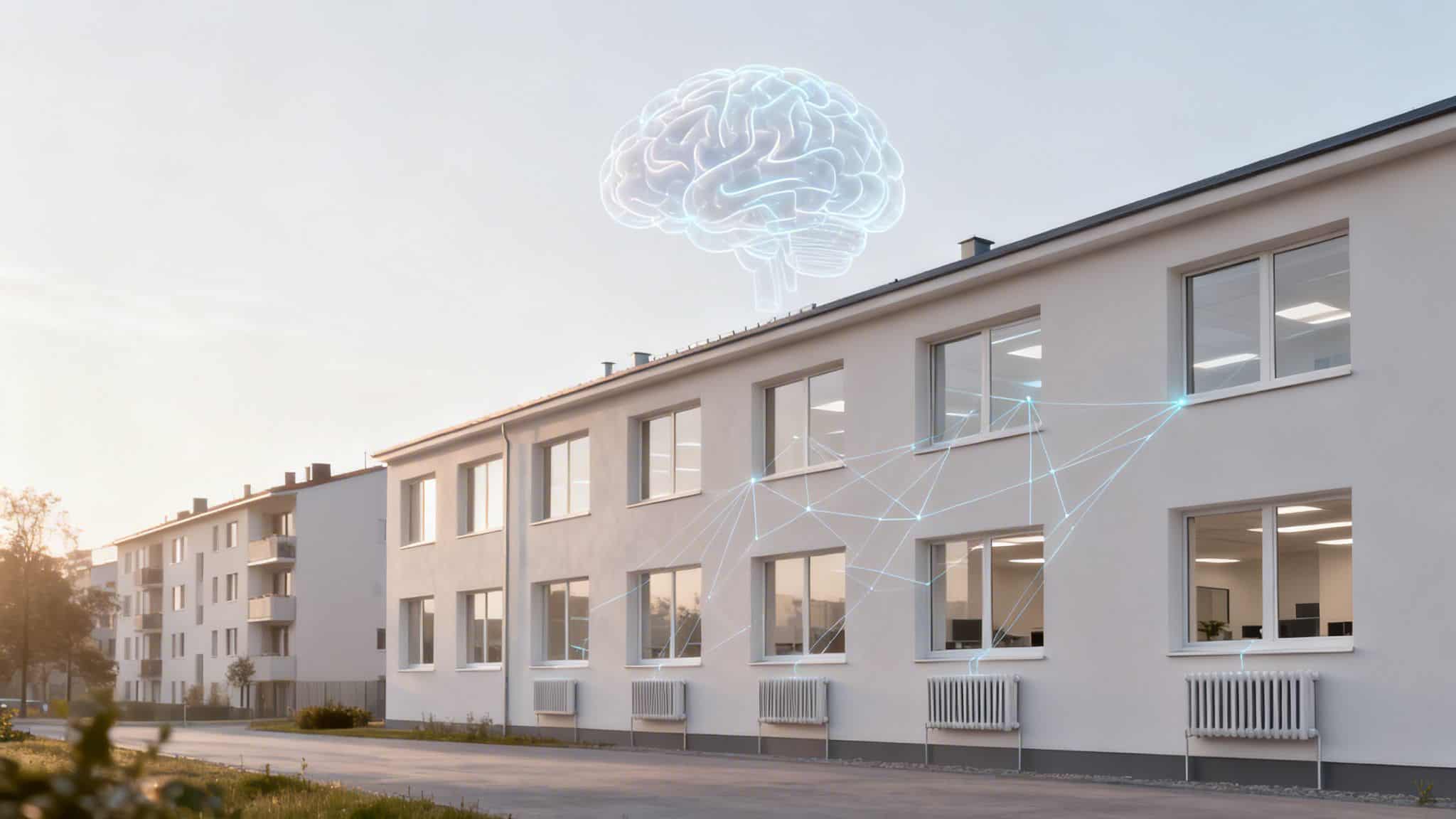 En smart bygning med en digital hjerne forbundet til vinduer, der symboliserer intelligent styring og teknologi i moderne arkitektur.