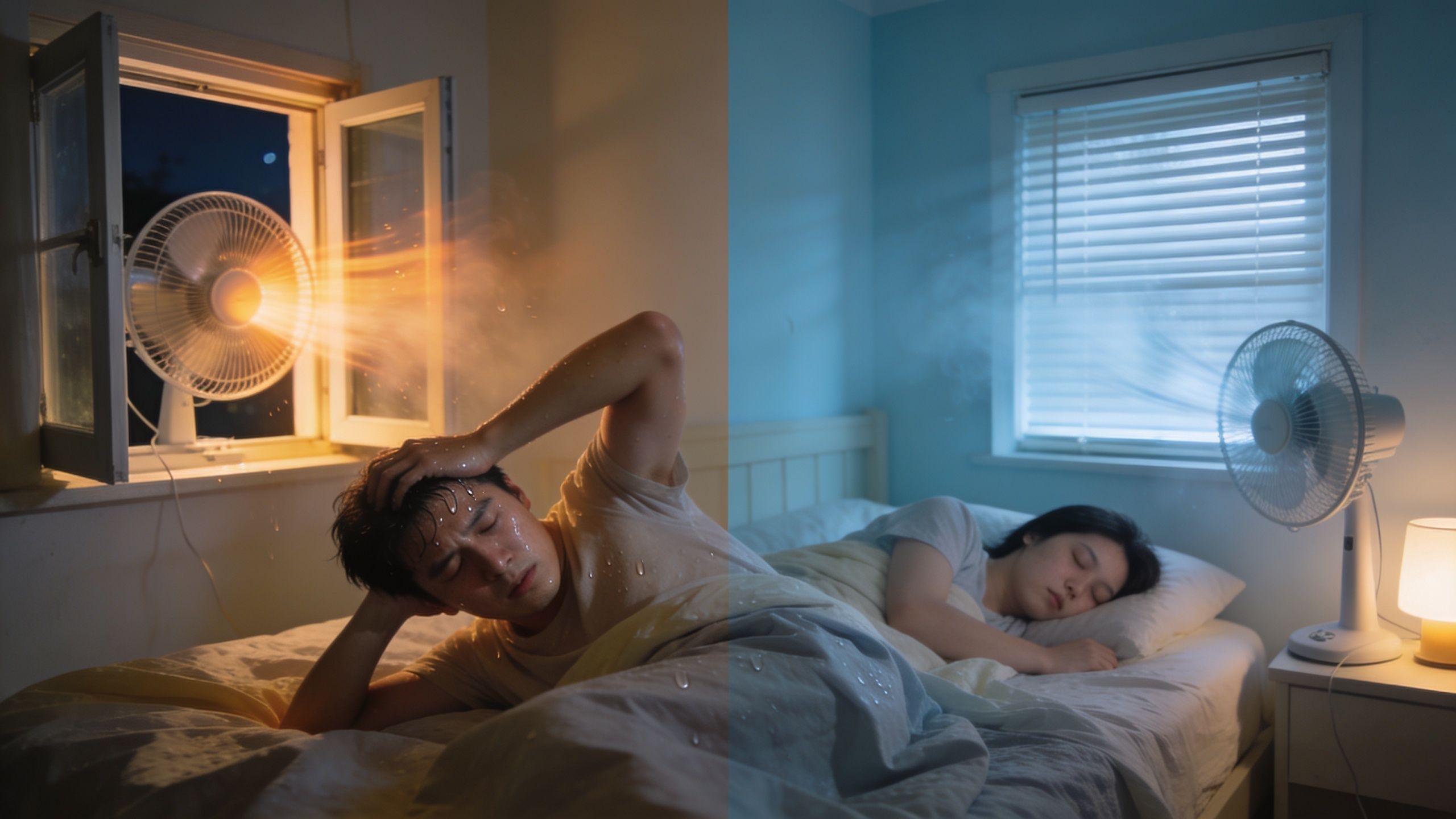 En mand sveder i en varm seng, mens en kvinde sover køligt ved siden af en ventilator.