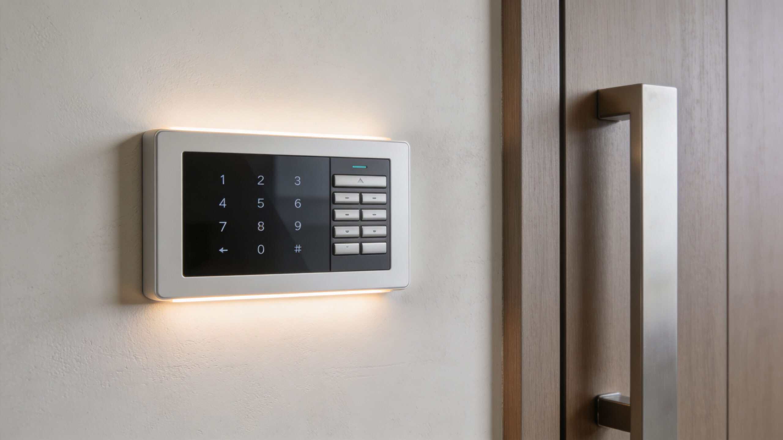 Et moderne alarmsystem monteret på en væg ved siden af en trædør med et metalhåndtag.