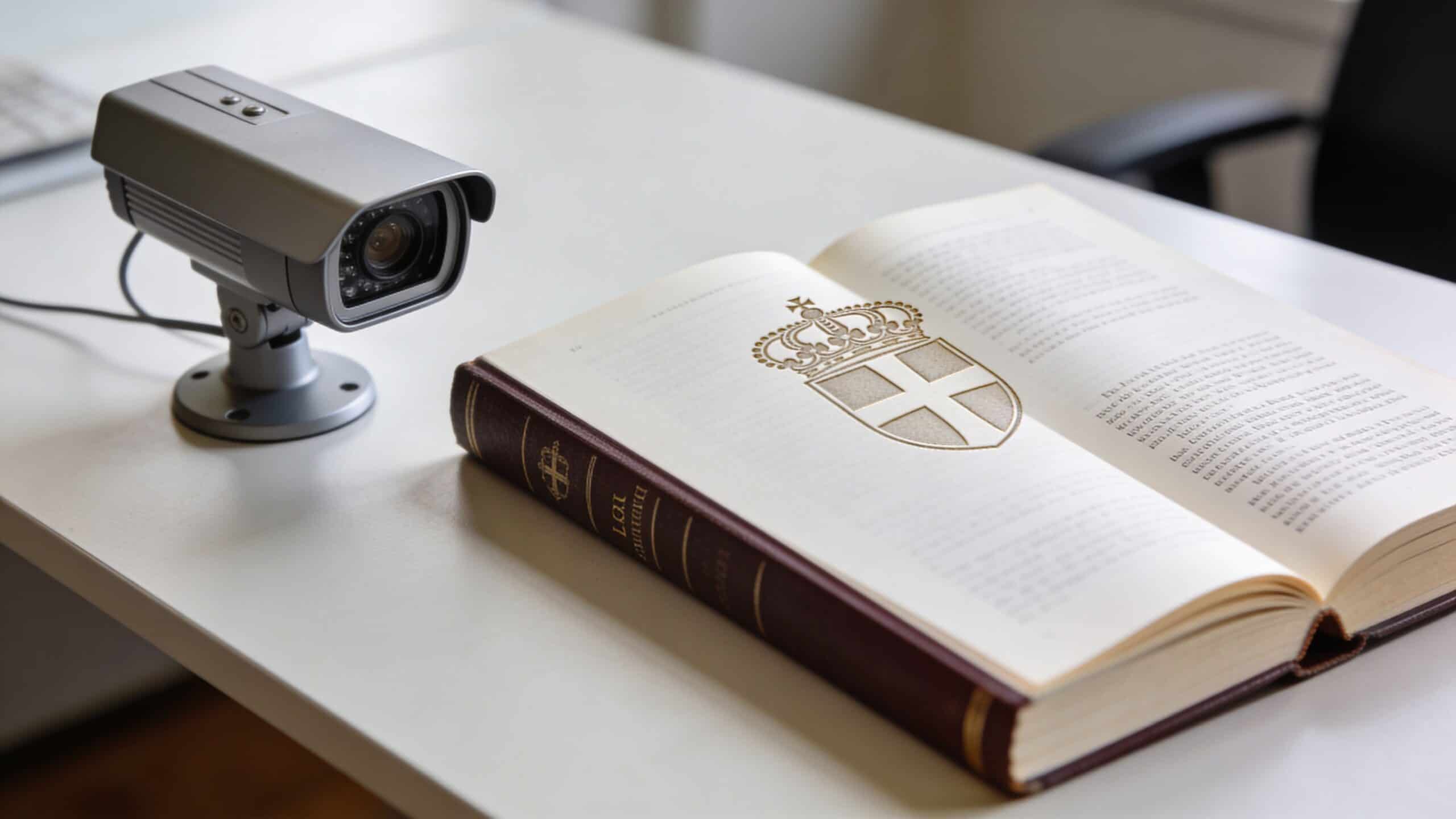 Et overvågningskamera placeret ved siden af en åben bog med et kongeligt våbenskjold på bordet.