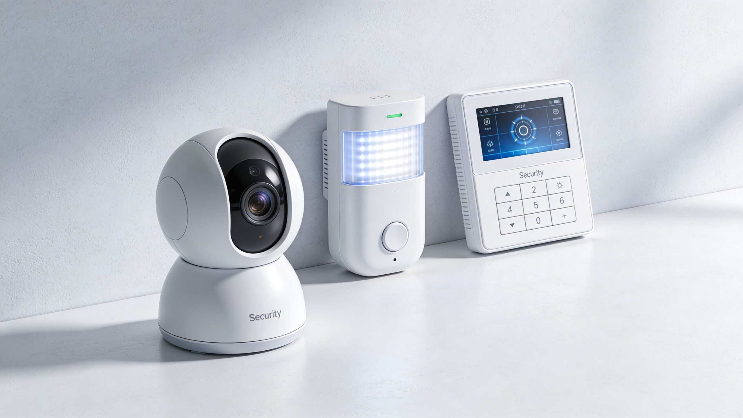 Et sæt af moderne trådløs alarm og videoovervågningsudstyr bestående af et sikkerhedskamera, en bevægelsessensor og et kontrolpanel.