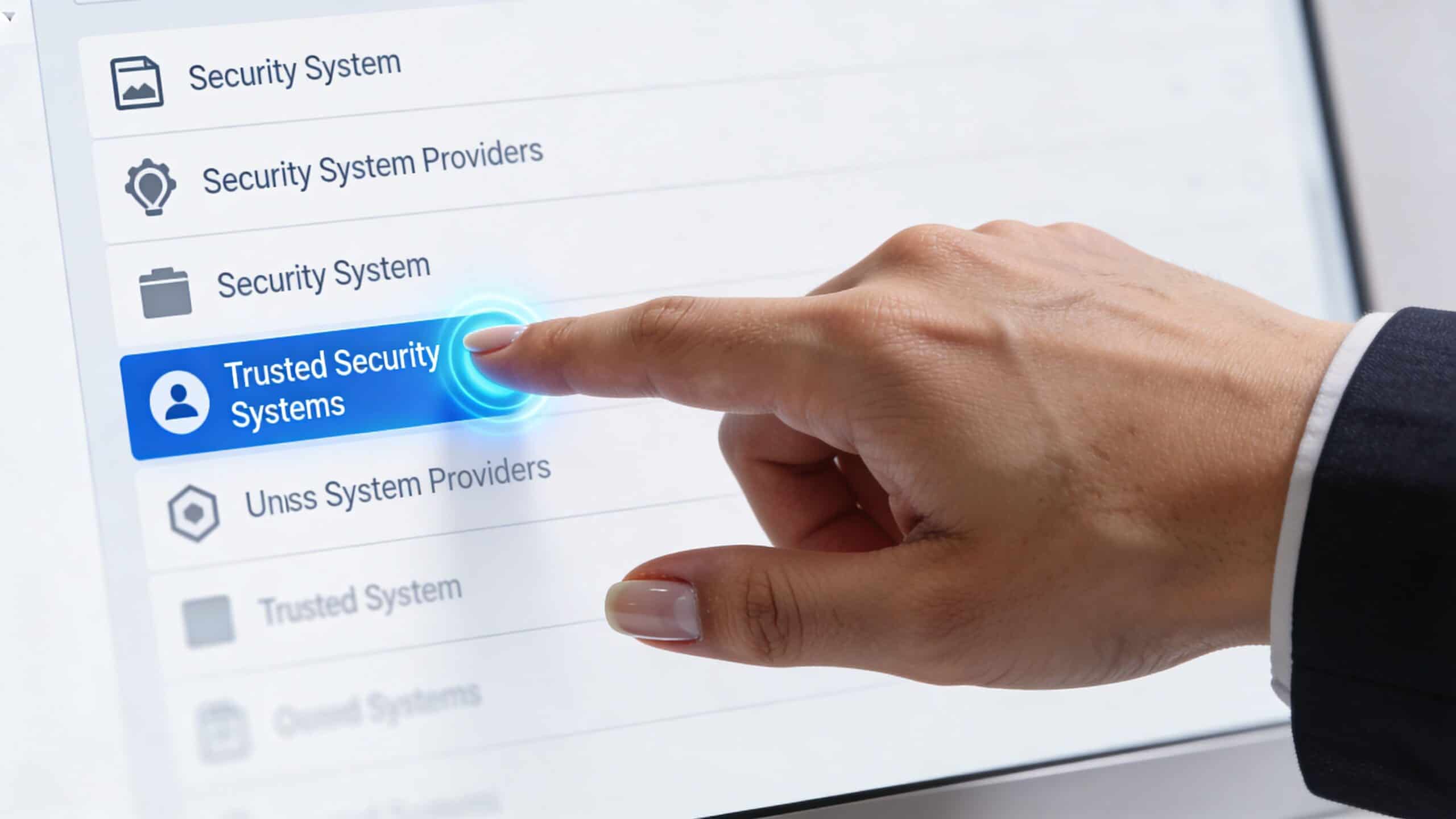 En hånd vælger menuvalget Trusted Security Systems på en interaktiv berøringsskærm med en digital brugergrænseflade.